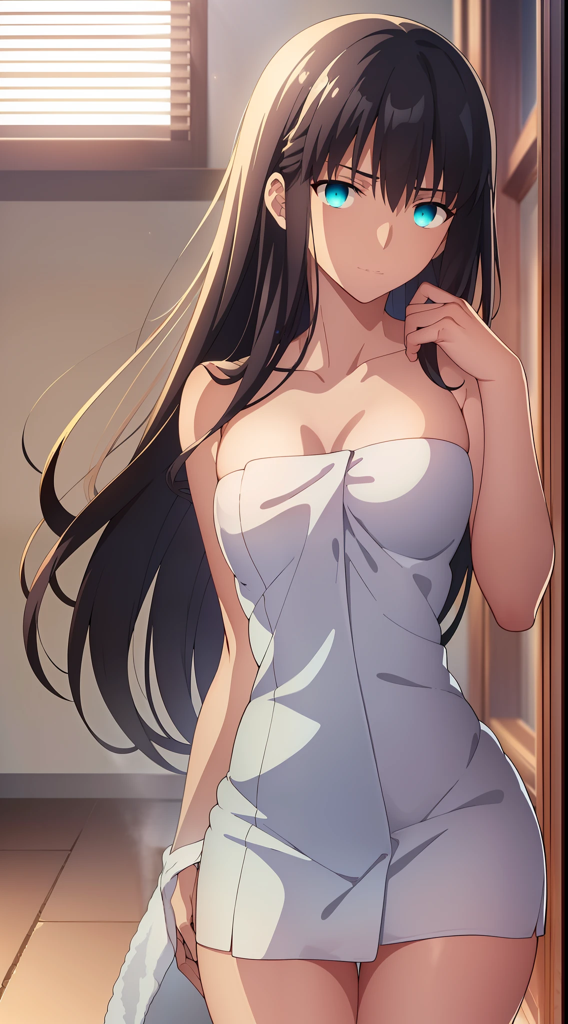{{beautiful}}, amazing, (best quality:1.5), (masterpiece:1.5), extremely delicate and beautiful, intricate details, finely detailed, extremely detailed, beautifully detailed, ultra-detailed, (hyperdetailed:1.5), high resolution, (illustration), watercolor pencil, Clear line drawing, (ufotable style:1.1), (ufotable screen cap:1.1), anime coloring, anime screencap, (latest picture), backlighting, dynamic angle, glow, depth of field, {{body satisfaction}}, (body with a good balance of style:1.5), (slender figure:1.5), perfect body, perfect hands, perfect feet, (two arms:1.2), (two legs:1.2), (five fingers each:1.2), (perfect joint:1.2), perfect joint movement, beautiful detailed eyes, (detailed eyes:1.5), finely detailed eyes, perfect anatomy, full dissection, perfect composition, correct limbs, balance and coordination in all things, realistic:0.5, precise fingers and hands, (finely drawn hair:1.5), {{cool girl}}, (black hair:1.3), (semi-long hair:1.3), (straight hair:1.3), bangs, (cyan eyes:1.3), (medium breasts:1.3), (small-sized buttocks:1.3), {{bath towel}}, (naked towel:1.5), (bath towels wrapped around the body:1.2),