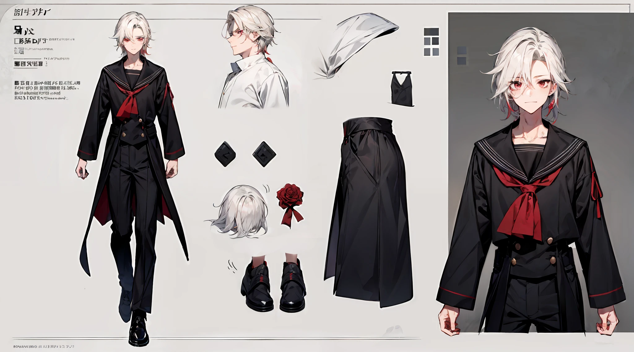 Redraw the graffiti part，lovely boy，with short white hair，red color eyes，ssmile，Black sailor costume with shorts，Red roses as accessories，详细的脸，detailed hairs