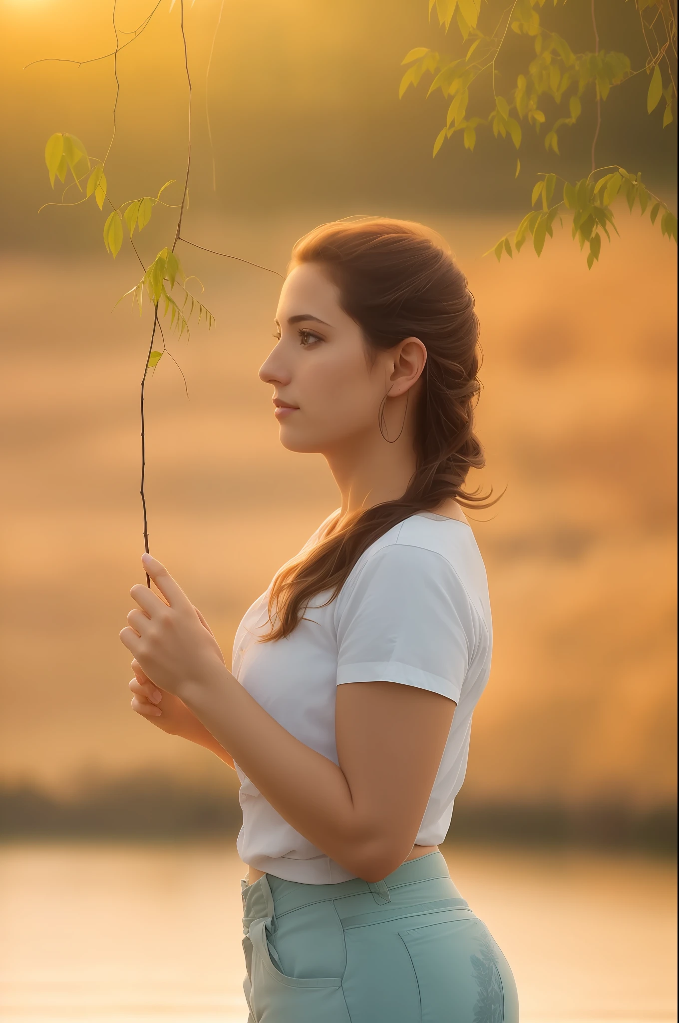 There's a woman standing at the water's edge holding a branch, imagens de retrato lateral, contemplativo, Foto de uma mulher, lost in thought, at sunset, vista para o lago, Directed by: Jakob Gauermann, Absorto em pensamentos, imagem retrato, foto ainda, with a tree in the background, pose pensativa, atencioso, pensive and hopeful expression, Candid portrait photo, contemplation