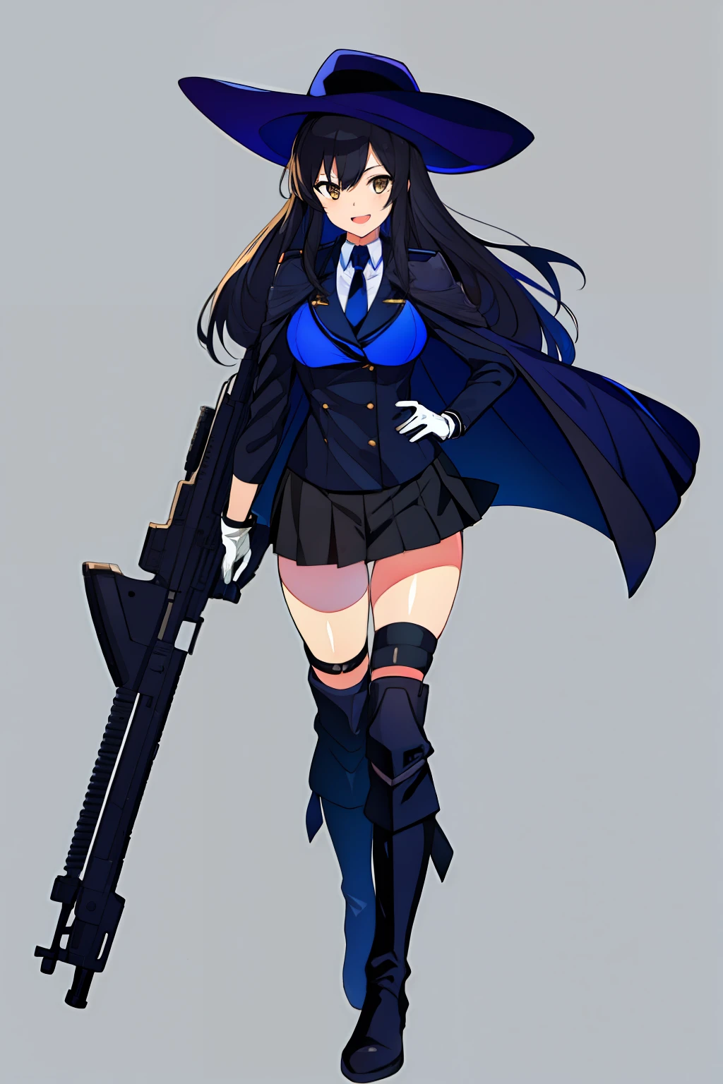 1girl, black footwear, black hair, blue headwear, blue necktie, boots, brown eyes, cape, full body, gloves, grey background, gun, hat, jacket on shoulders, knee boots, long hair, looking at viewer, necktie, open mouth, rifle, simple background, skirt, smile, solo, thigh strap, uniform, weapon, white gloves