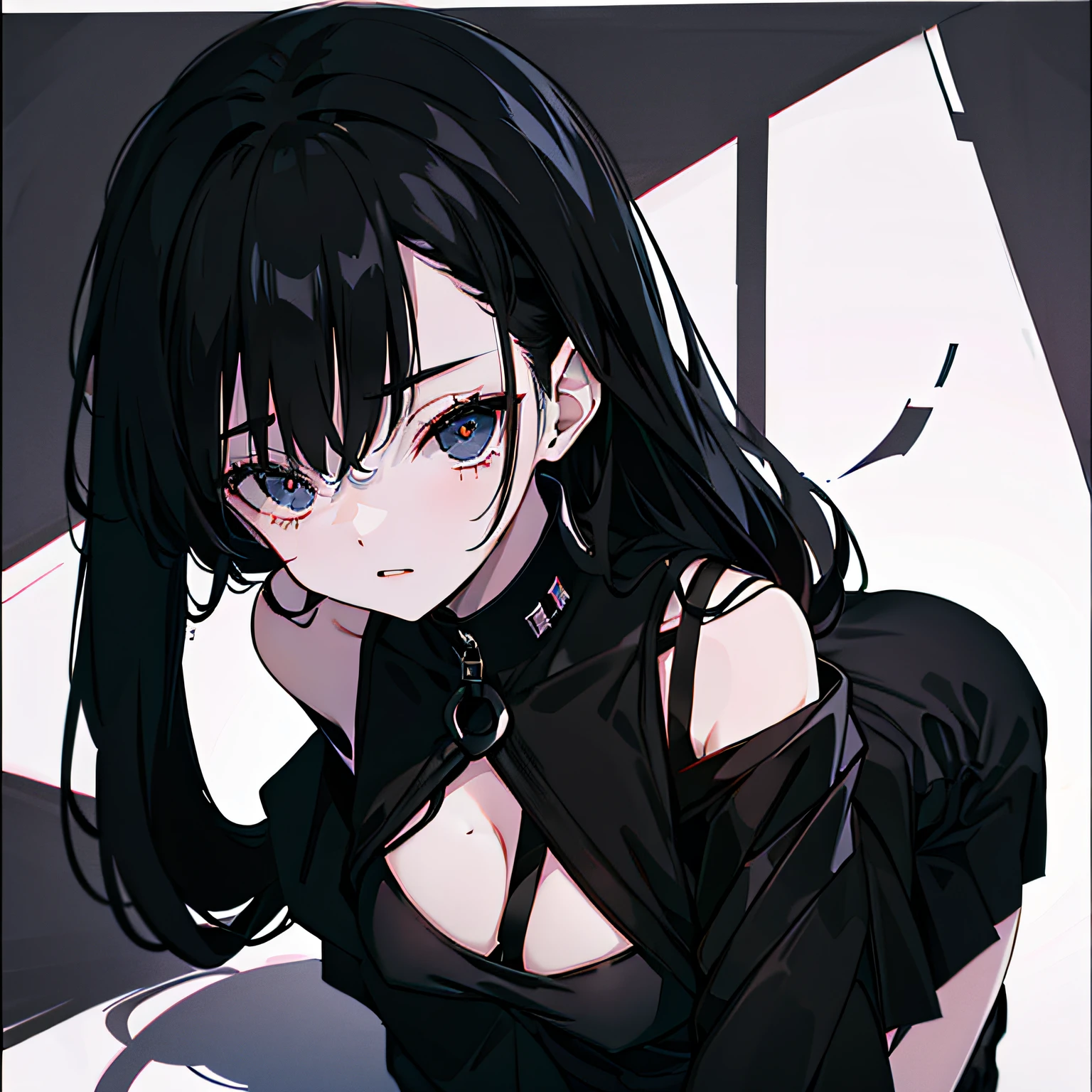 1girll,utmost+Beautiful+meticuloso_the face,utmost+Beautiful+meticuloso_The eye,The upper part of the body,closeup cleavage,cyberpunk backgrouns,sketching,solidcolor,A woman in a black shirt and black dress,Minimalist style,Wear elegant casual clothing,Boots,Milk and black style,Black eyes,Modern and stylish dress,casual modern clothing,inspo , Anime,Blackn clothes, a black skirt, Neutral tones, Black and white color scheme, leisure wear, Scary face,, 22 year old, adult face, Long hair, ((Black hair))