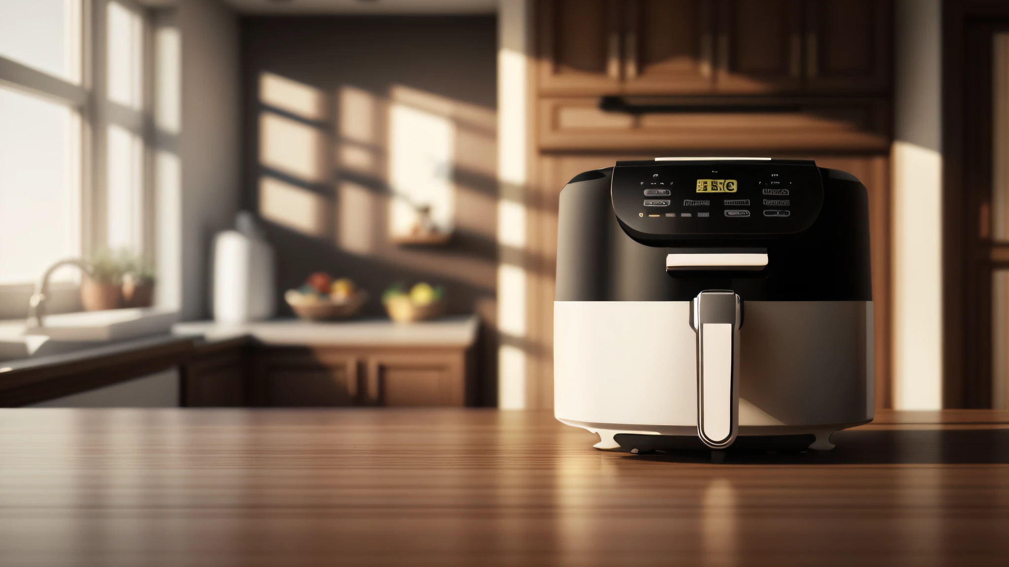 Air fryer placed on the table，Interior design of modern style, Realistic, Photorealistic, 8K, strong light on meeting table，Chiaroscuro, hyper HD, Best picture quality ,realisticlying，Foto realism，cupboard，Lens perspective blur，Bright lights，Realistic lighting