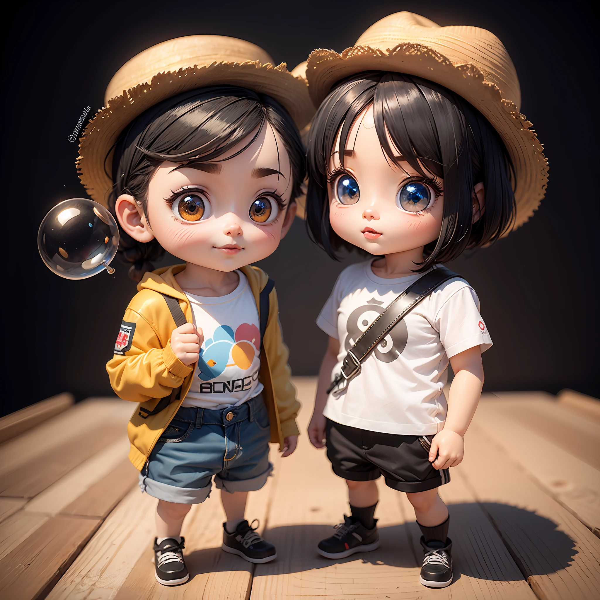 Full body 3D art of super cute boy, luffy, black hair, wearing straw hat, pretty eyes, big eyes, cute, happy, c4d, pop Matt Blind Box, glowing bubbles, toys, solid color background, chibi, fluorescent translucent, glowing body, kawaii, doll, reference sheet, pop mart blind box, Pixar, intricate detail, 3d rendering, blender, OC renderer , foll body reference sheet, dribble, high detail, 8k, studio lighting, loli, petite, child, chibi, character SD:1.1