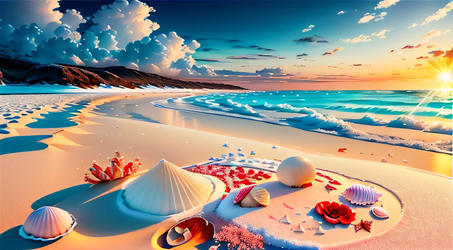 Exquisite scenes，depth of fields，8K，The ivory sky，White clouds，The sun shines on the snow-white sand。The coral sea，There are many small colorful shells on the beach，Red rose，Rose flower，rough sea，The boat breaks the waves，