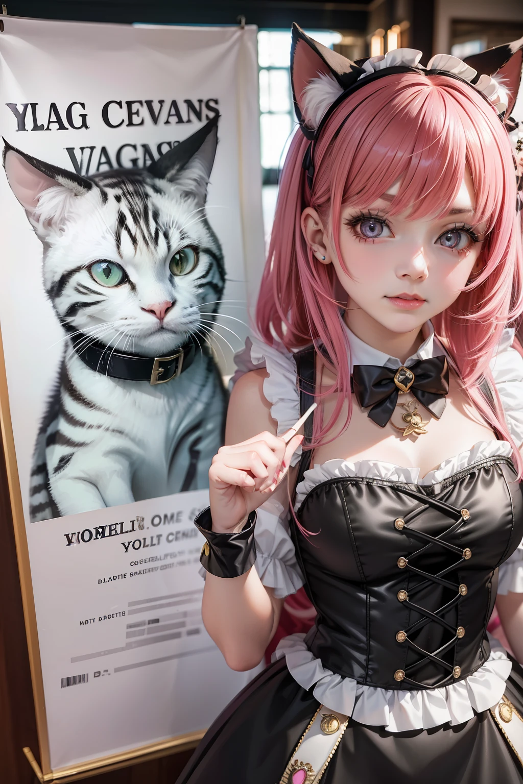 There was a woman in costume holding a candy cane, cosplay of a catboy! maid! dress, Black Magician Girl, black white pink, anime cat girl in a maid costume, style of magical girl, black white pastel pink, Anime girl cosplay, magical , portrait of magical girl, Anime cosplay, black rococo, elegant glamourous cosplay, High quality clothing,poster for,charactor