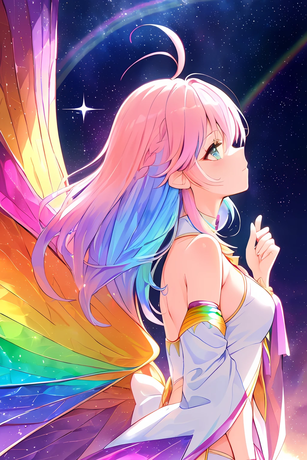 ((extremelydetailedCG)),((8K_Wallpaper)),(((masutepiece))),((top-quality)),watercolor paiting_(Medium),((Beautiful detail starry sky)),both sexes, (((Highly detailed room background))),Princess,very long iridescent hair,from side view,LookingATVIEWER,fullllbody,frilld,(Far from the viewer),((Highly detailed facial)),((Very delicate and beautiful girl)),((extremely detailed cute anime face)),((Very detailed eyes)),(((extra detailed body))),(ultra-detailliert),Illustration,((bare stomach)),((Bare shoulders)),smallbreast,((sideboob barbosa)),((((Floating and rainbow hair)))),(((Iridescence and rainbow hair))),(((Very detailed clothes))),((((Rainbow and iridescent colors)))),(Rainbow colors and rainbow eyes),Beautiful detail hair,Beautiful fece,dramaticangle,(big top sleeves),frilld,blush,(Ahoge)