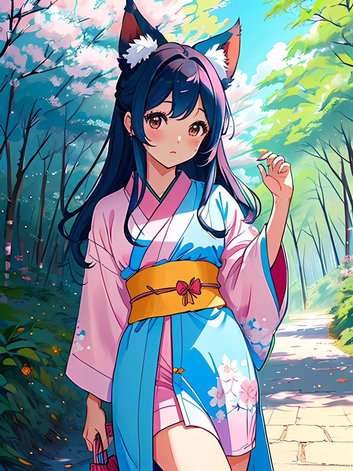 Una kitsune de cabello rosa pastel caminando por un bosque lleno de arboles de sakura ((cabello largo)) ((cabello liso) ((Cola de zorro esponjosa)) ((HD)) ((Obra de arte)) ((Simetrico)) ((pintado por Studio Ghibli)) ((ropa kimono femenino)) ((ojos rosas)) ((colores pasteles)) ((cielo azul celeste)) ((ropa con combinaciones rosas y blancas)) ((estilo de dibujo kawaii))