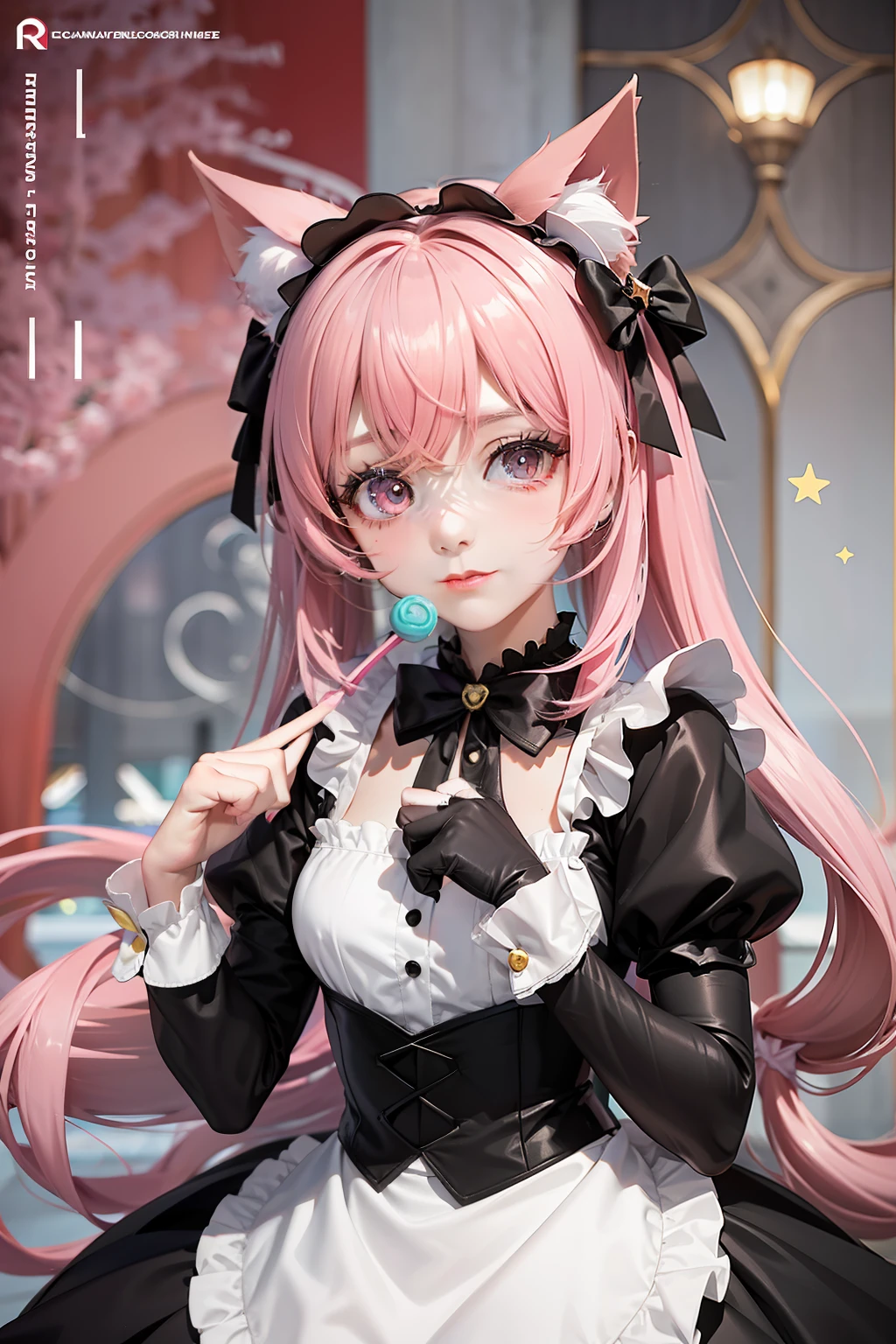 There was a woman in costume holding a candy cane, cosplay of a catboy! maid! dress, Black Magician Girl, black white pink, anime cat girl in a maid costume, style of magical girl, black white pastel pink, Anime girl cosplay, magical girl, portrait of magical girl, Anime cosplay, black rococo, elegant glamourous cosplay, High quality clothing,poster for,charactor