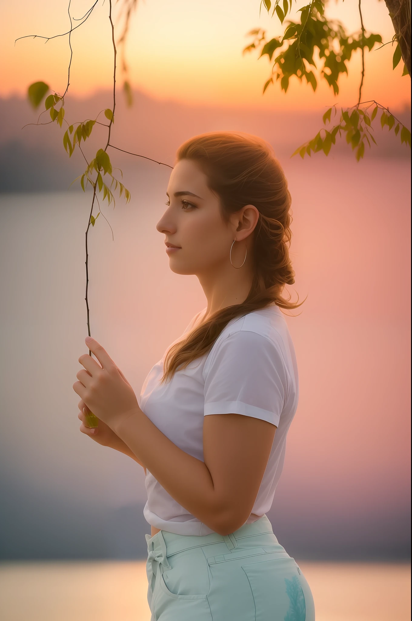 There's a woman standing at the water's edge holding a branch, imagens de retrato lateral, contemplativo, Foto de uma mulher, lost in thought, at sunset, vista para o lago, Directed by: Jakob Gauermann, Absorto em pensamentos, imagem retrato, foto ainda, with a tree in the background, pose pensativa, atencioso, pensive and hopeful expression, Candid portrait photo, contemplation