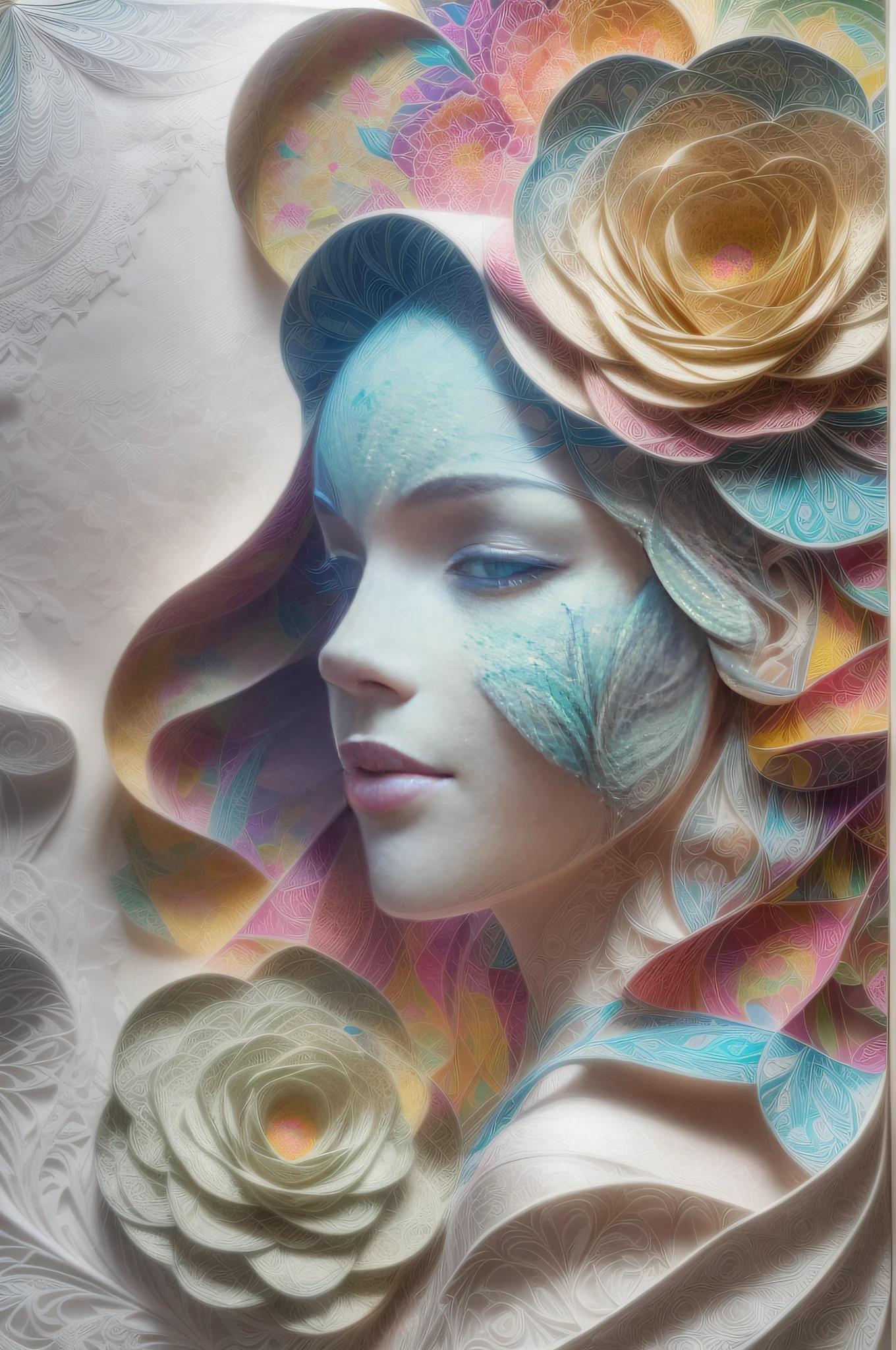 (Hologram projection effect:1.5),(Silhouette of a beautiful woman,Colorful camellias),White background,(paper art, Quilted paper art:1.2, geomerty:1.1, zentangle,a 3D render), (Extremely colorful, contrast color,Best quality, high detal, Masterpiece, Cinematic lighting, 4K)