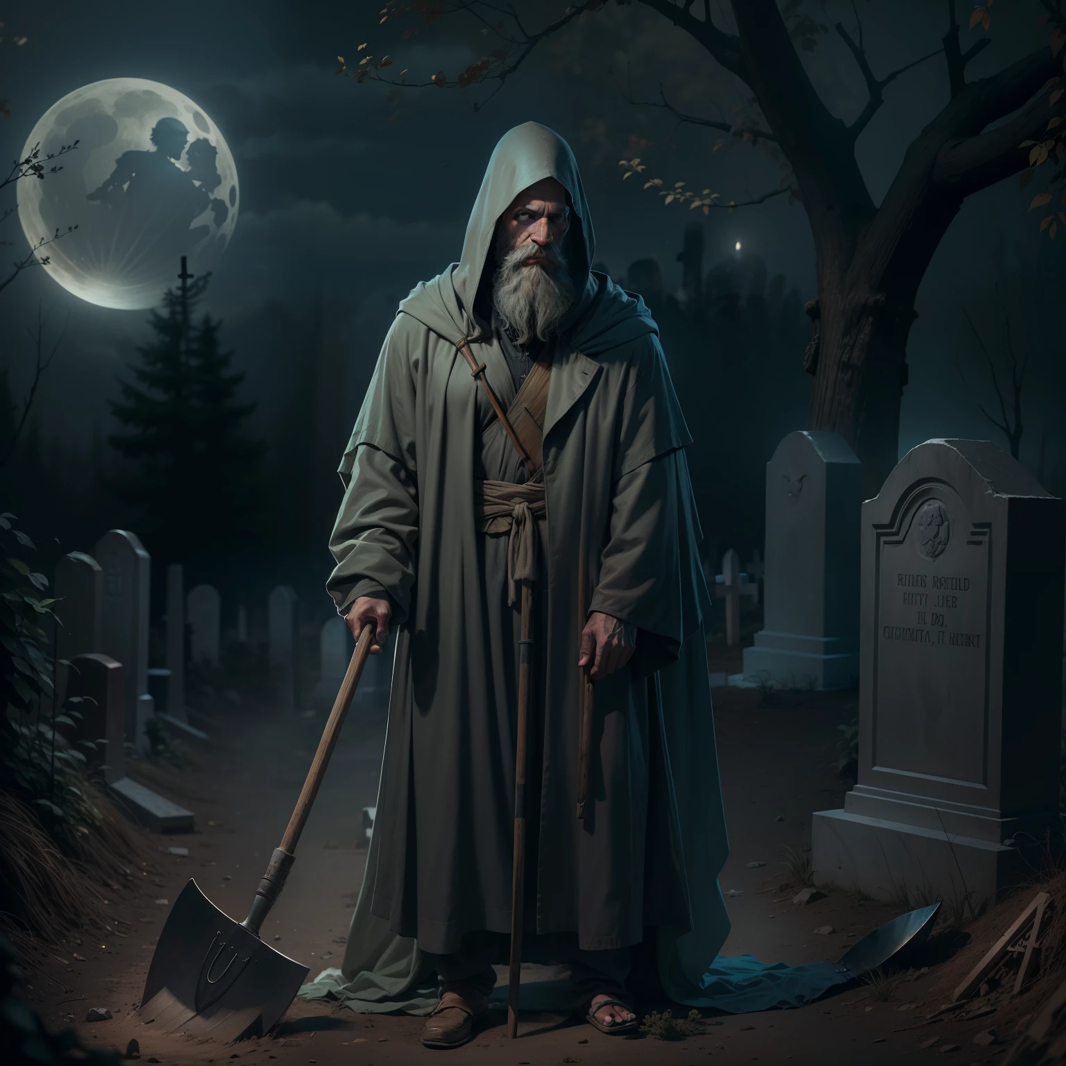 realistic and detailed image of a mysterious man, 45 years old, long beard on his face, thin, dressed in a rustic robe with a hood on his head, holding a shovel, in a cemetery at night, looking down at a grave
