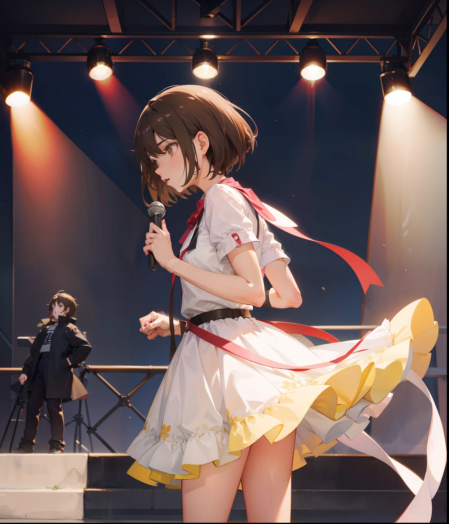 anime girl standing on stage, short brown hair, close-up