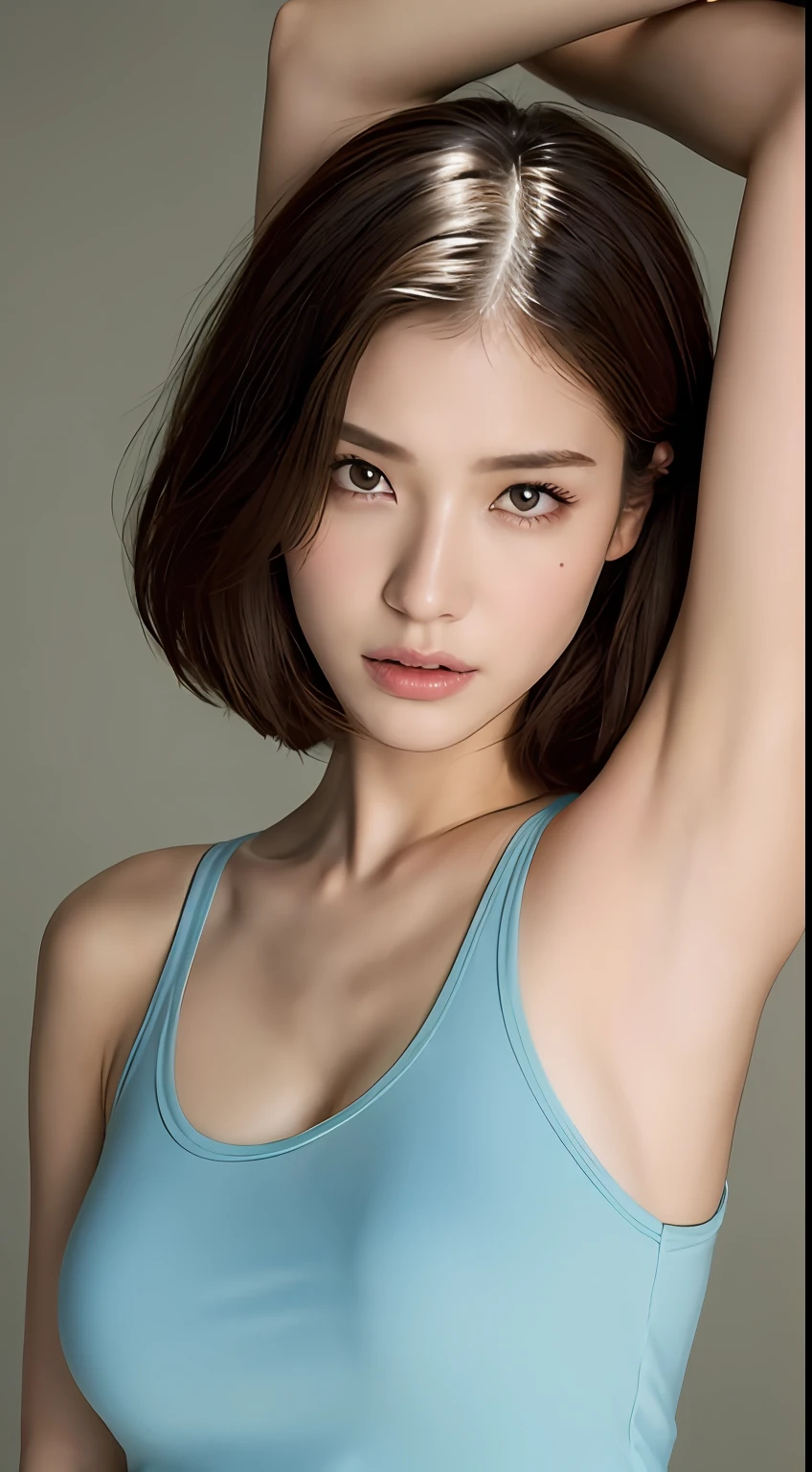 （（best qualtiy，8k，tmasterpiece：1.3）），1girll，Pretty woman who emphasizes slender abs：1.3，（random hair style：1.2），oversized tank top：1.2，Super detailed face，Detailed eyes，二重まぶた，Armpits Make a posterior sexual position，Look at you from the crotch，The  is penetrated by a ，The expression is enjoyable and painful