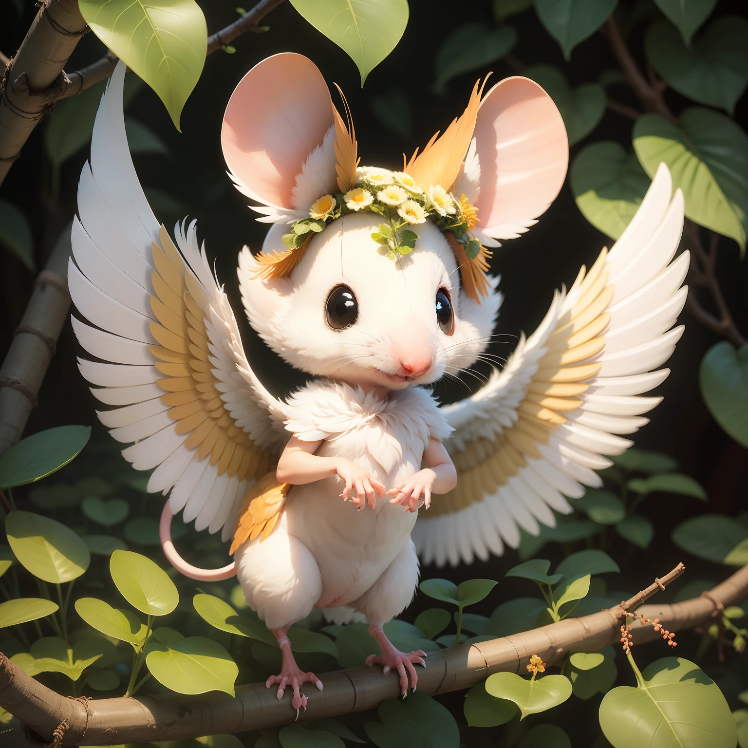 A very cute mouse with plumage and wings like those of a chick.