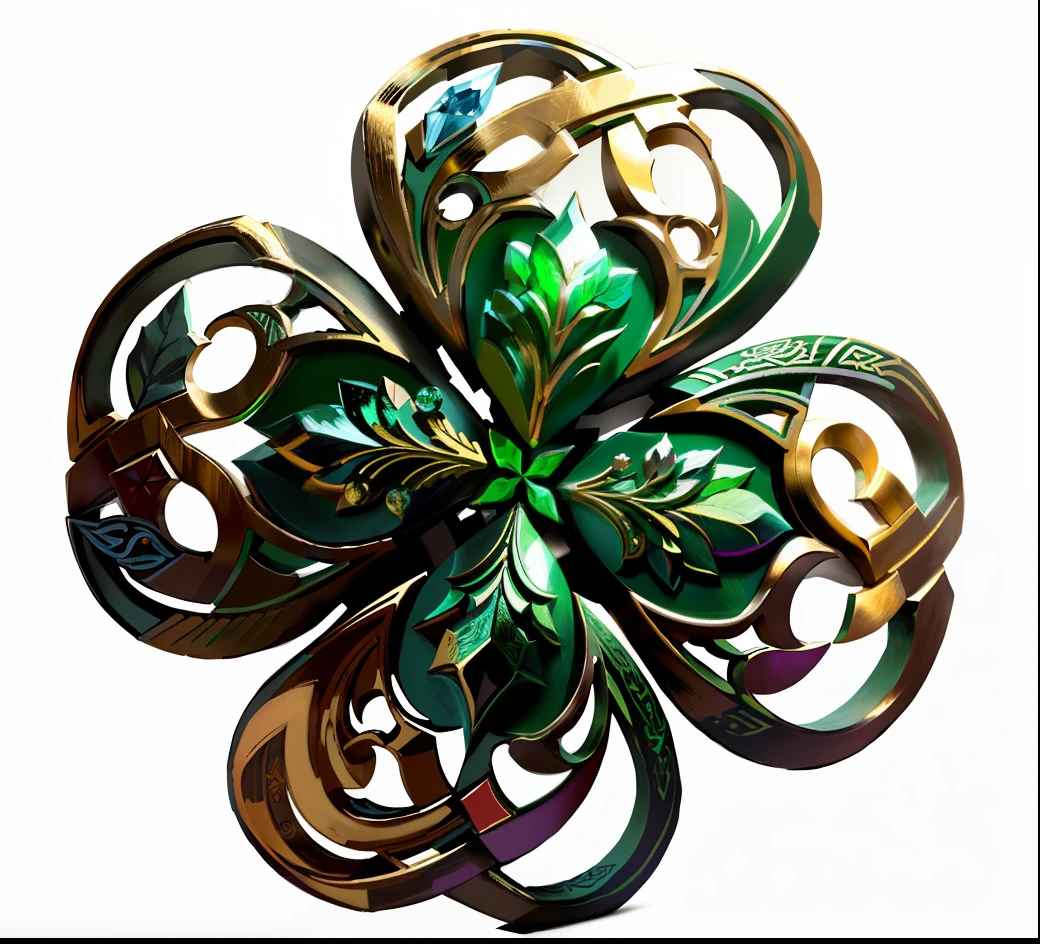 um close up de um trevo de quatro folhas com um centro verde, celtic vegetation, trevo de quatro folhas, trevo, Celtic symbols, Estilo de arte celta, Celta, Arte de fantasia celta, Fantasia celta, Arte celta, Cultura Celta, Celtic golden symbols, intrincada toda uma folha de fantasia, Directed by: Anna Füssli, Faeornran, erva, Directed by: Adam Marczyński, transforme em uma logotipo