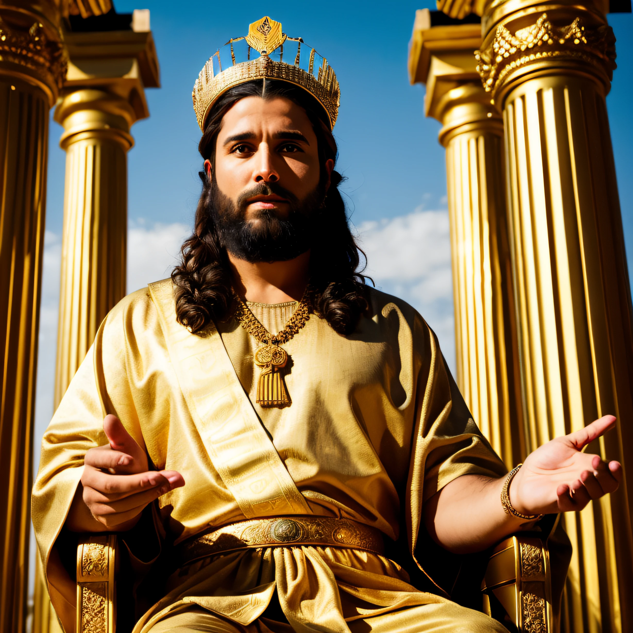 Create the image of the biblical King Solomon holding his crown in front of his temple