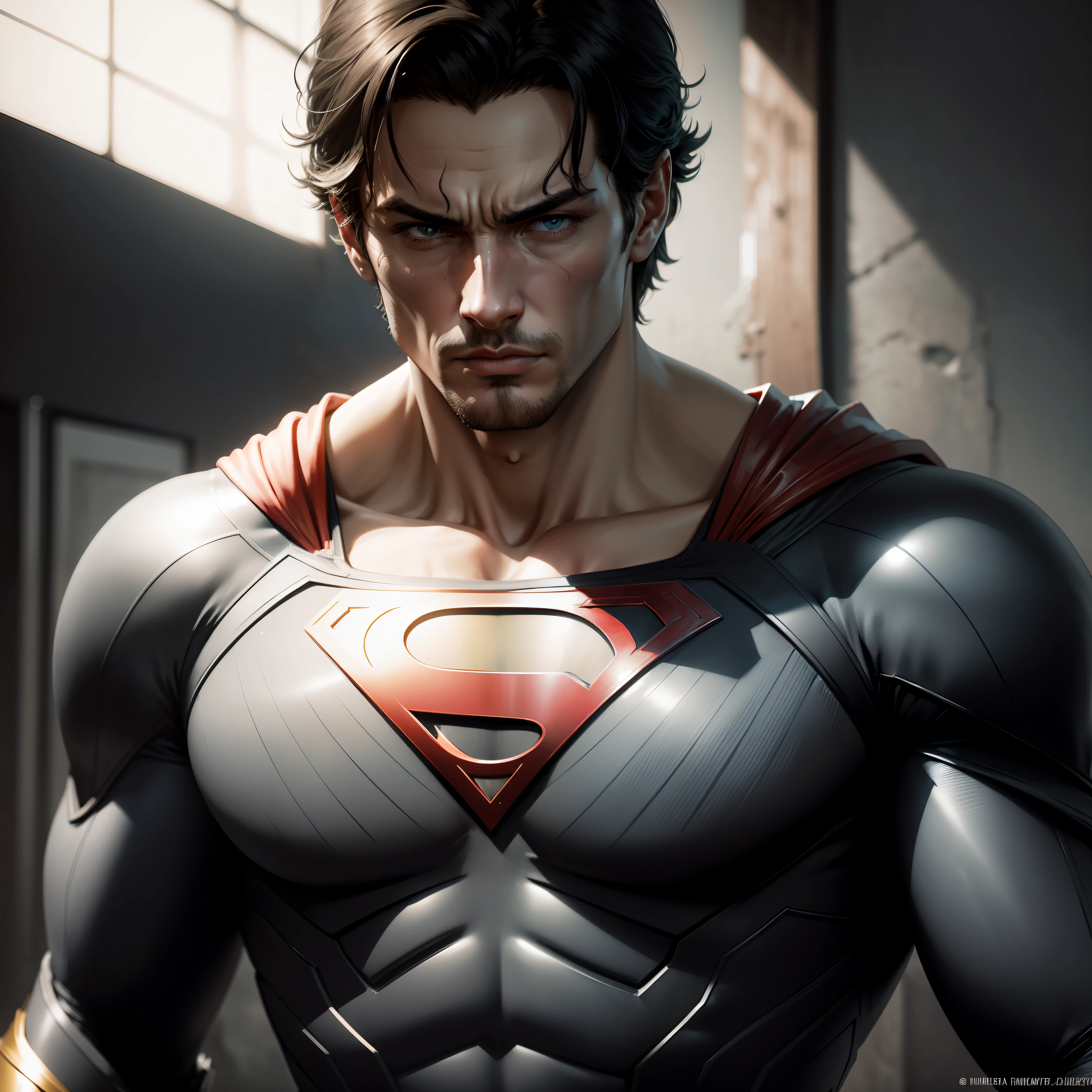 Um Superman\(Superman 2013), epic, realista, desbotado, cores neutras, (((((hdr))))), ((((((cores silenciadas))))), cenaintricada, artstation, hiperdetalhado, Filmed cinematographic, luzes quentes, dramatic, detalhes intricados, vinheta fundo complexo, [[teal e laranja]], slate grey atmosphere
