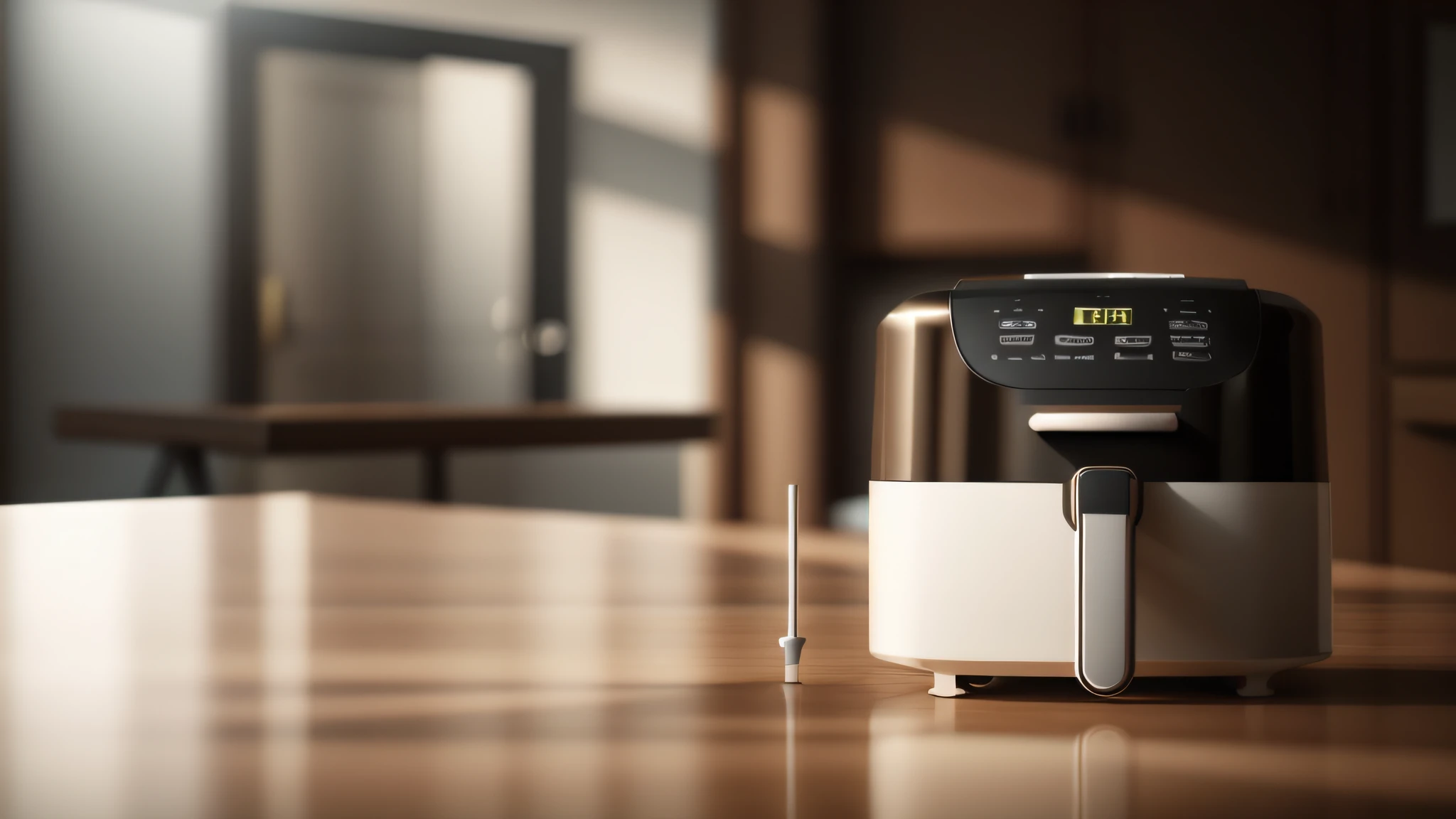 Air fryer placed on the table,Interior design of modern style, Realistic, Photorealistic, 8K, strong light on meeting table,Chiaroscuro, hyper HD, Best picture quality ,realisticlying,Foto realism,cupboard,Lens perspective blur,Bright lights,Realistic lighting