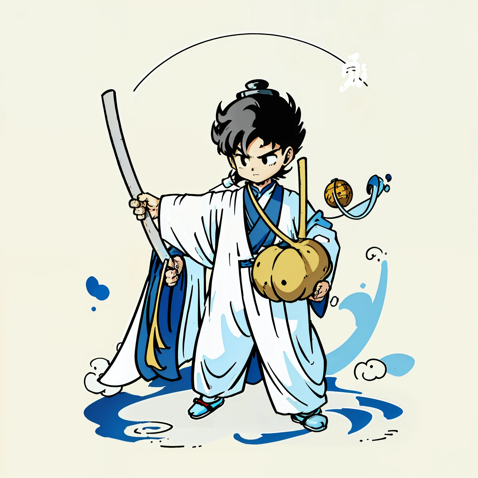 Animated style stick figures，Minimalist，The background is pure white，Half-length headshots of characters，Daoism， Taoist boy，cool guy，male people，China-style，Used for WeChat memes，The background is pure white，wearing a Taoist robe，Wearing a Taoist hat，Handheld floating dust and treasure gourd