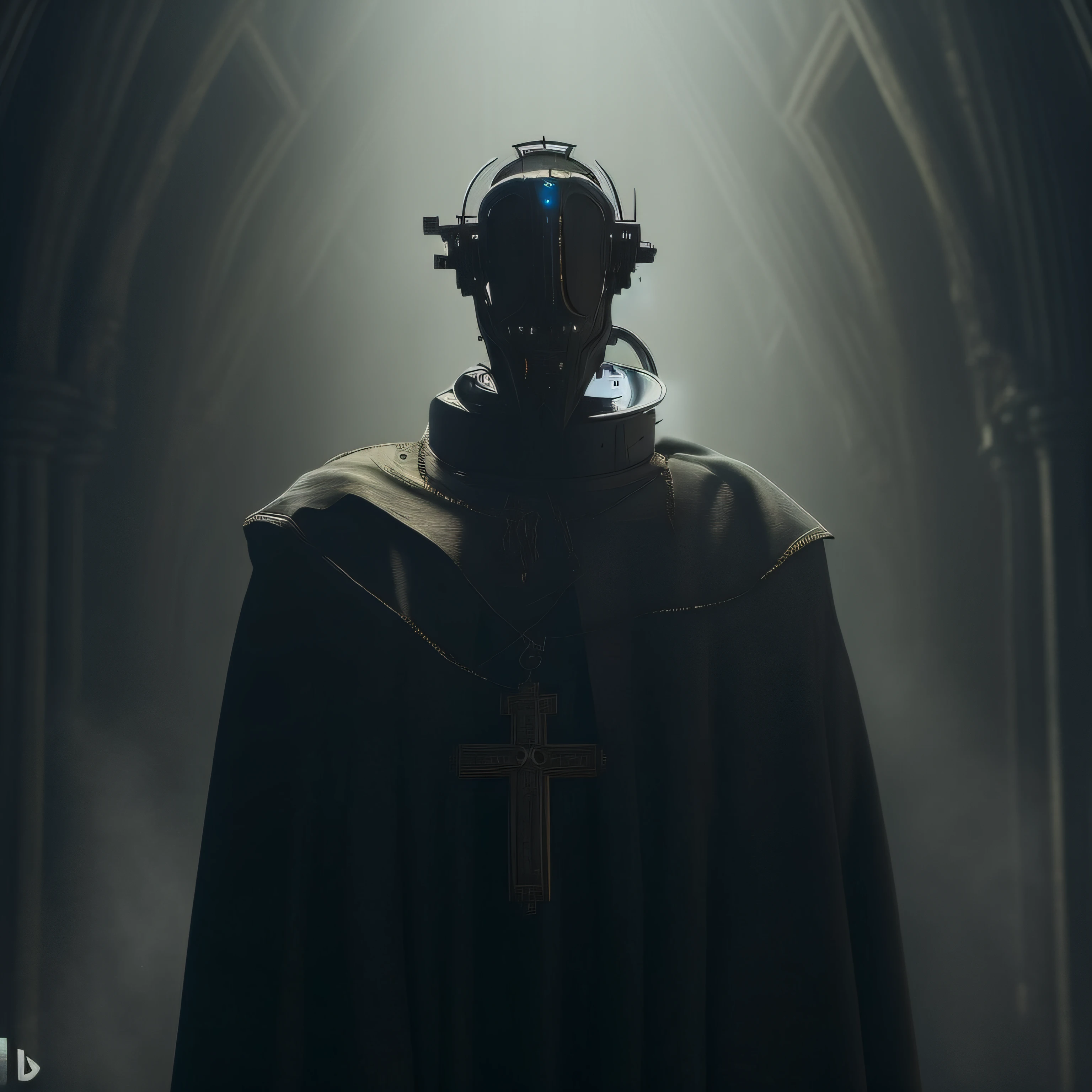 Image of a robot with a dirty old cassock and a crucifix in a Gothic cathedral, robot bishop guards, Cyberpunk ortodoxo, Inspirado Sci Vitoriano - Fi, steel inquisitor from mistborn, robot pope, Anton Fadeev 8 K, 8 k filme ainda, sci-fi cinematic movie still, de um filme 2 0 1 9 sci fi 8k