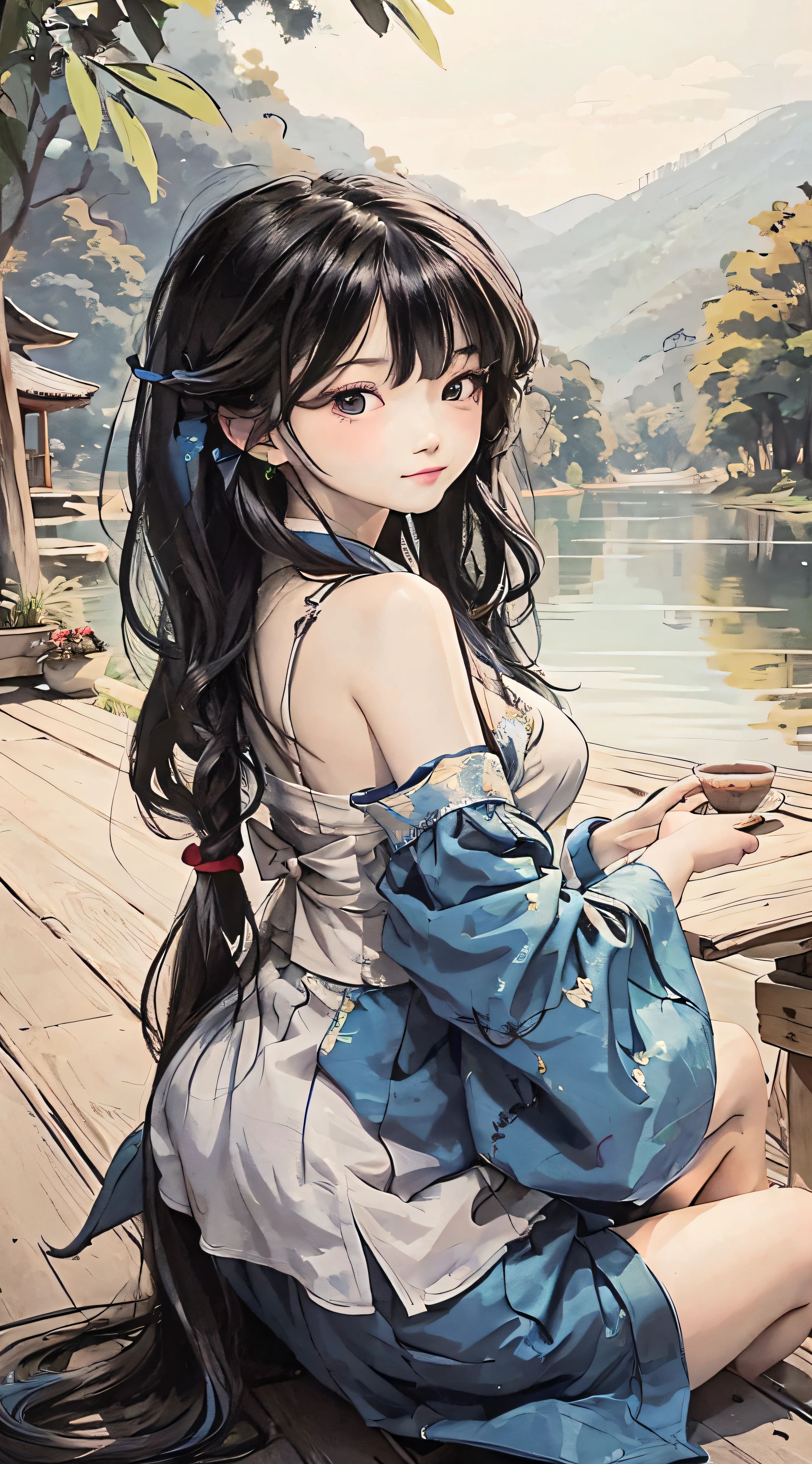 Masterpiece, Best Quality, Official Art, 8k Wallpaper, Very Detailed, Illustration, 1 Girl, Sky Blue Hair, Long Hair, Detailed Eyes, Forrest Gump, Bare Shoulders, Hanfu, Lake, Pure, Soft Smile, bamboo, tea