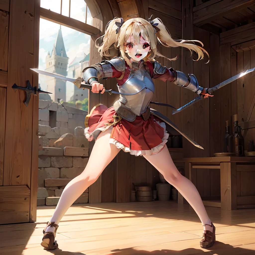 1 Girl 12 years old Medieval style armor Battlefield with castle Battle scene Dual wielding loli girl Blonde twintails ，Excited look, Full body shot , Wide Shot ,