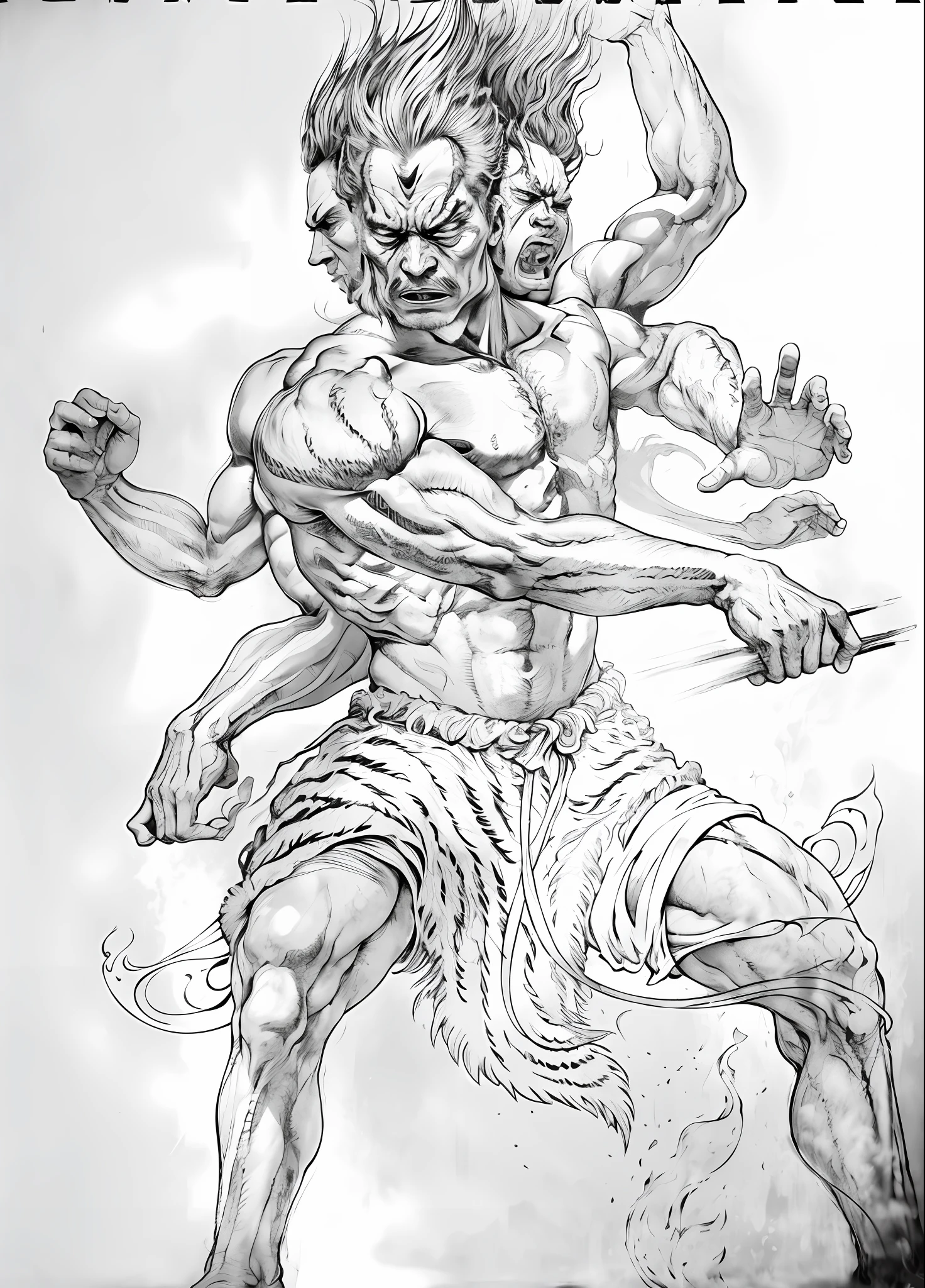 Ming Wang Lux's(Three heads and six arms),Angry and powerful warrior,Tiger leather skirt at the waist,Hair stands upside down like fire,The contour lines of the body are on fire,The sky behind him was covered in flames,Light,the fire,an award winning photograph, Masterpiece, Highest quality, solofocus, (Red skin:1.3), (demon:1.3) breaking through a mirror, author:Lee Jeffries Nikon D850 Film Stock Photo 4 Kodaport 400 Camera F1.6 lens rich colors hyper realistic lifelike texture dramatic lighting unrealengine trending on artstation cinestill 800,