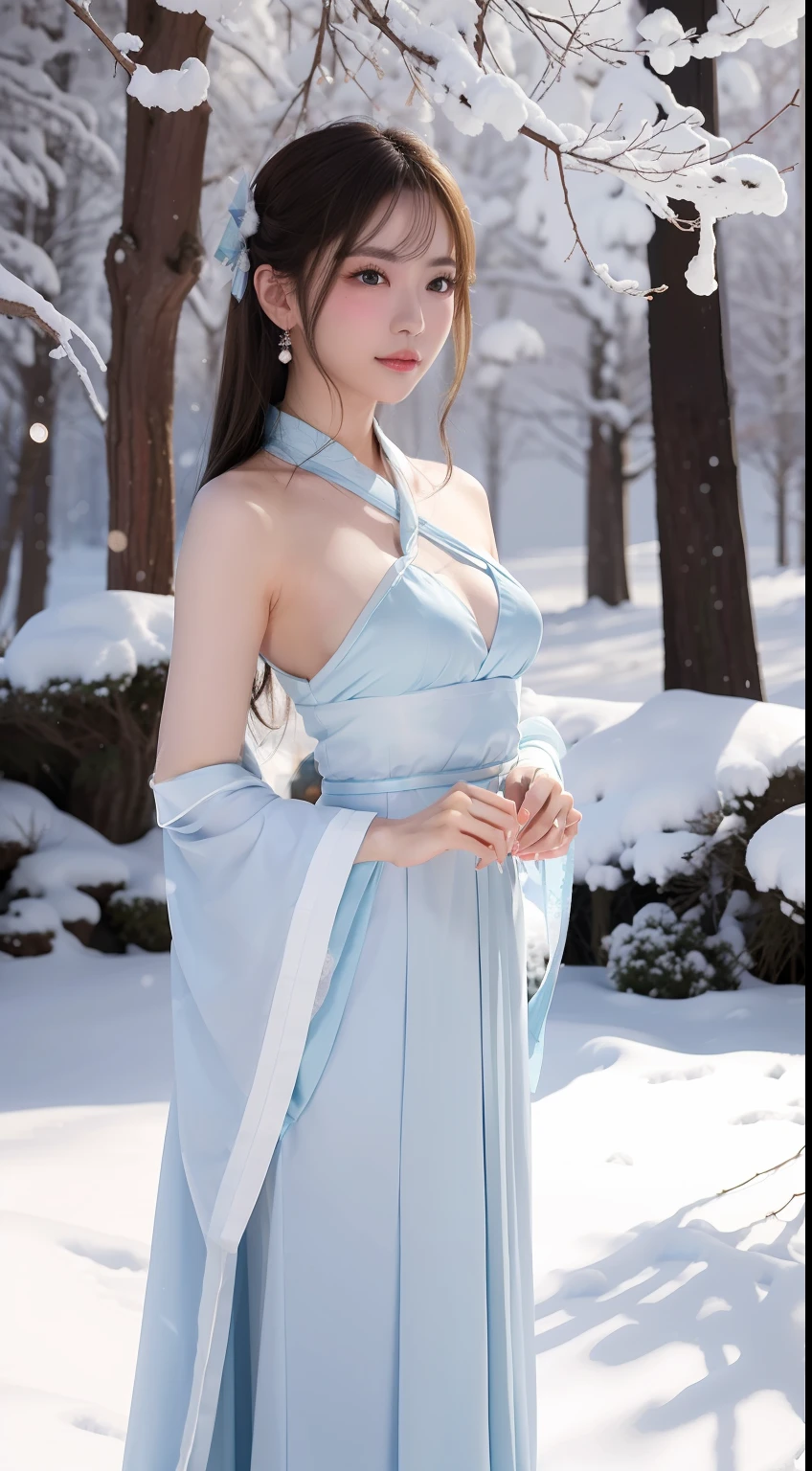 Top quality, 超高分辨率, (Photorealistic: 1.5), Masterpiece,Mainly reflected in attractive breasts,The most detailed,Must have the thinnest waist!Skin wins snow!Full body photo,Hanfu,The gestures are very elegant,Cinematic level。Overall color coordination!