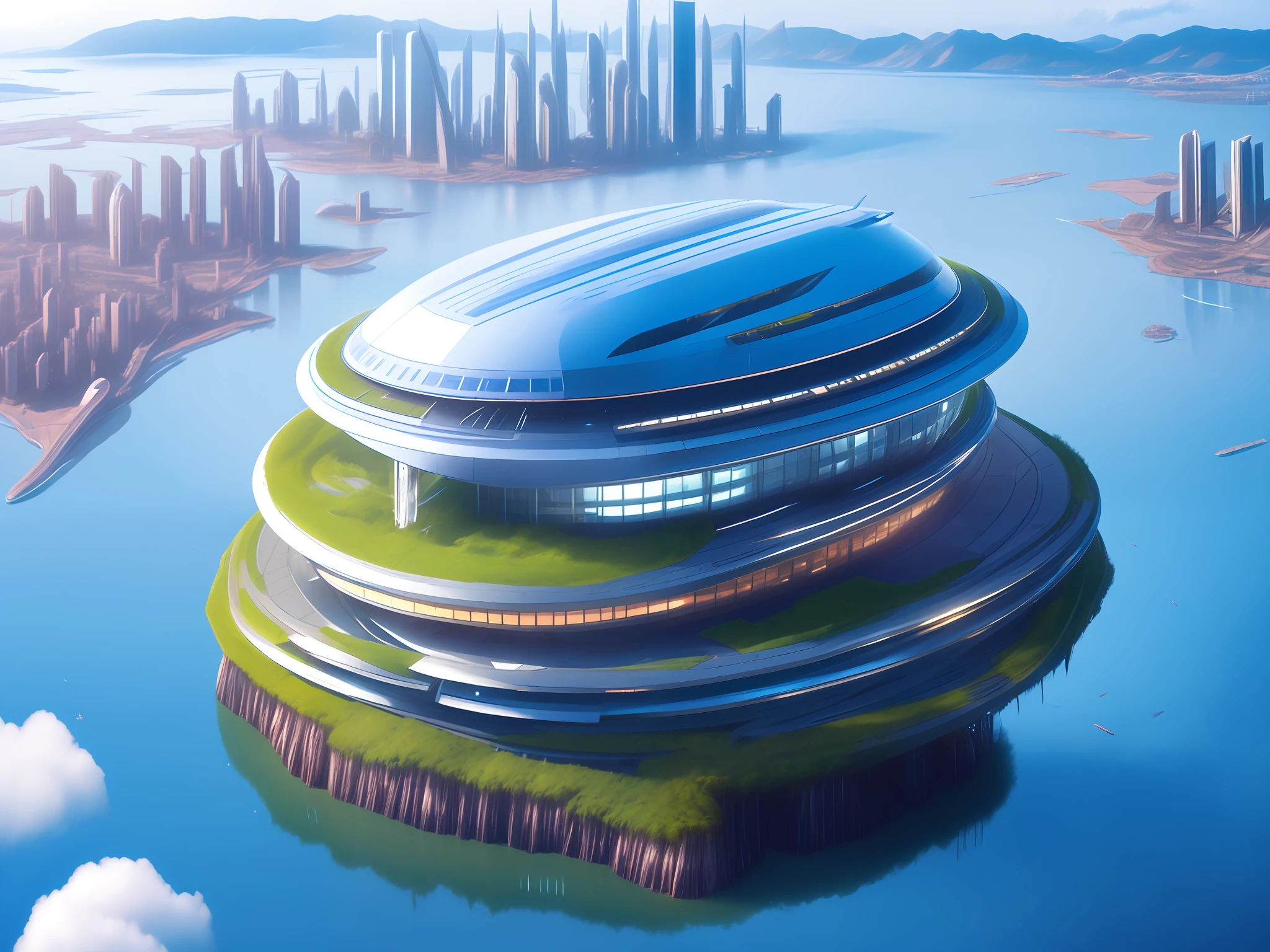 photore，A futuristic building，Artificial island，blue-sky，Greenery，（Modern futuristic style：1）Future city in background，cyber punk perssonage，viewed from bird's-eye