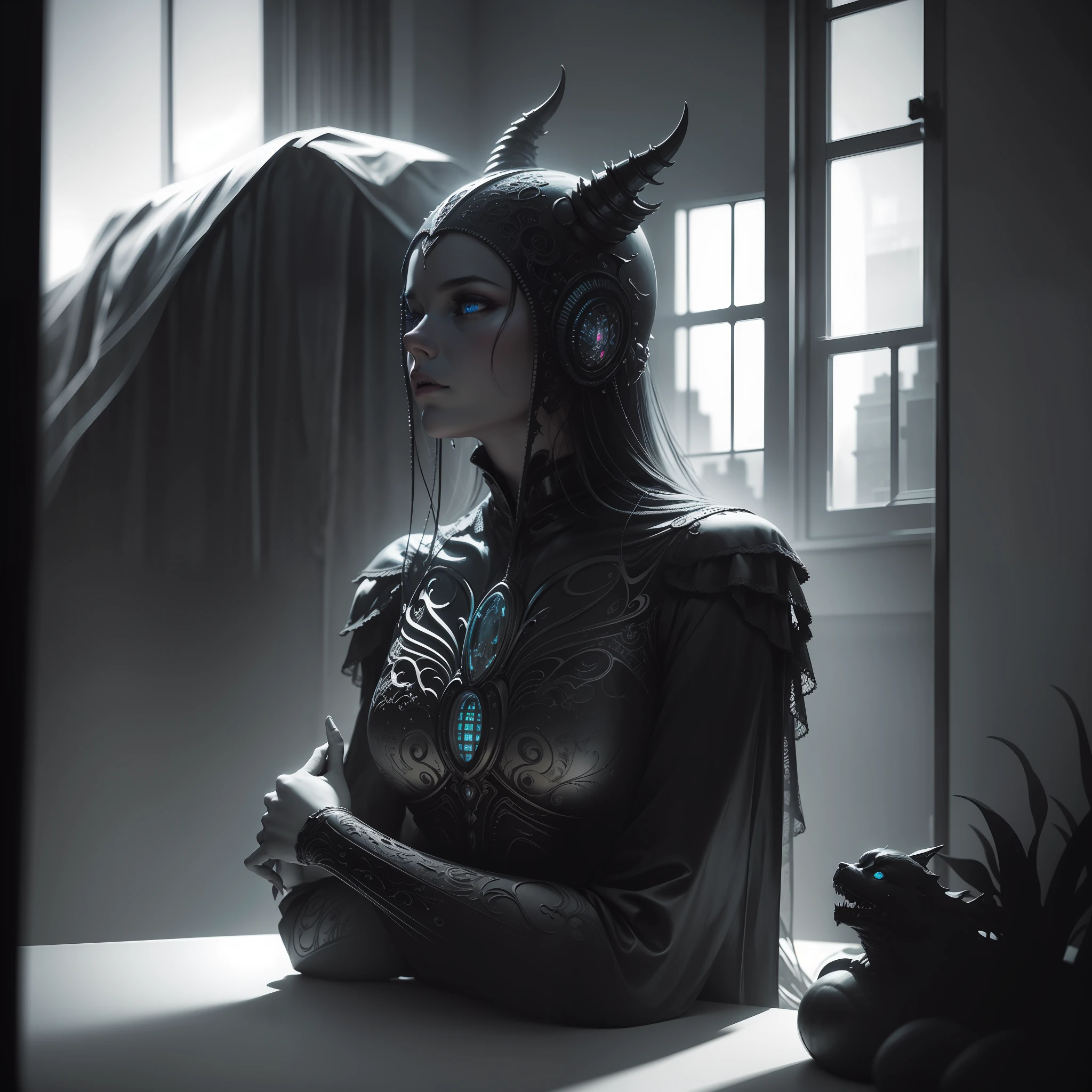Bedroom, Devil sits, Night, Black and white, Window, Neon lights., perfect composition, beautiful detailed intricate insanely detailed octane render trending on artstation, 8 k artistic photography, photorealistic concept art, soft natural volumetric cinematic perfect light, chiaroscuro, award - winning photograph, masterpiece, oil on canvas, raphael, caravaggio, greg rutkowski, beeple, beksinski, giger