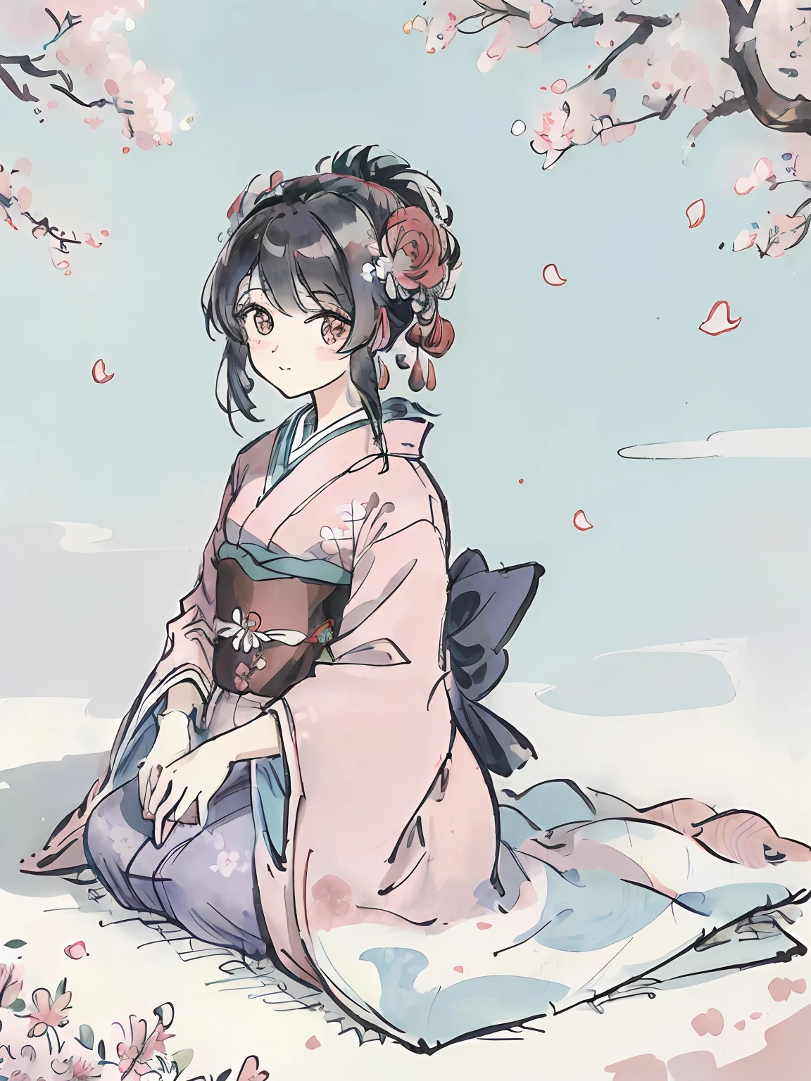 Una kitsune de ((cabello rosa pastel)) caminando por un bosque lleno de arboles de sakura ((cabello largo)) ((cabello liso) ((Cola de zorro esponjosa)) ((HD)) ((Obra de arte)) ((Simetrico)) ((pintado por Studio Ghibli)) ((ropa kimono femenino)) ((ojos rosas)) ((colores pasteles)) ((cielo azul celeste)) ((ropa con combinaciones rosas y blancas)) ((estilo de dibujo kawaii))