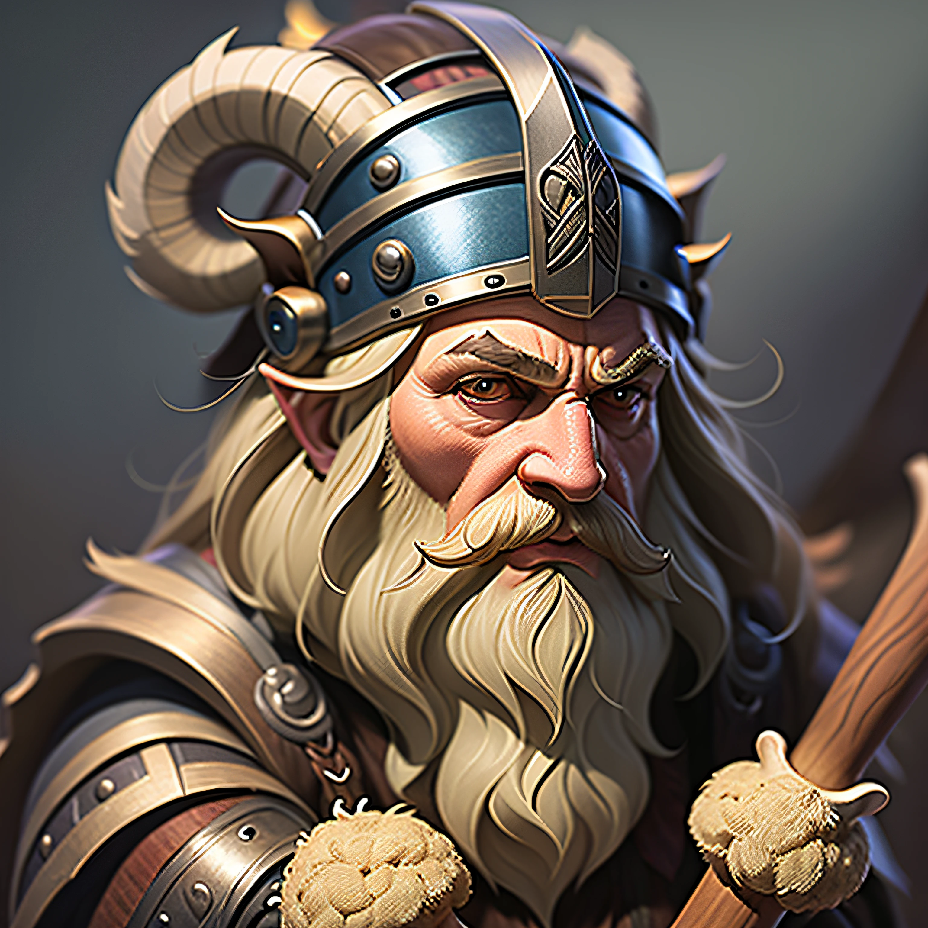 Stylized sheep with badly dressed Viking face with beard and helmet on his head with an axe in his hand