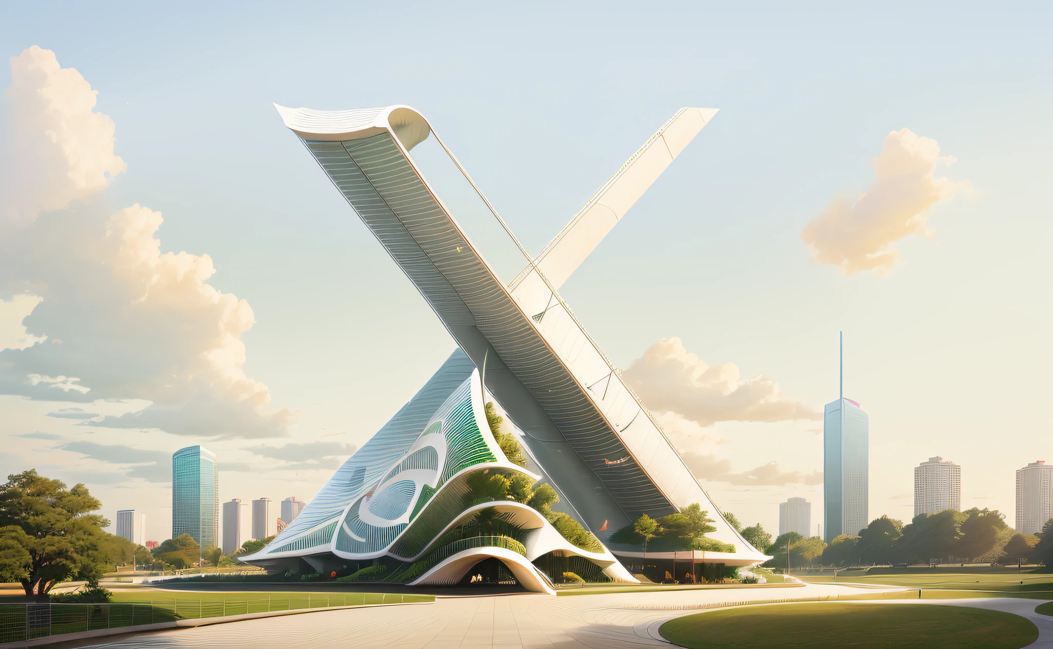 ((logotipo da letra X, Uma escultura monumental em um parque futurista)), inspirado em Frank Gehry, (imagem hiperrealista:1.2), in an ultra-modern setting of a city.