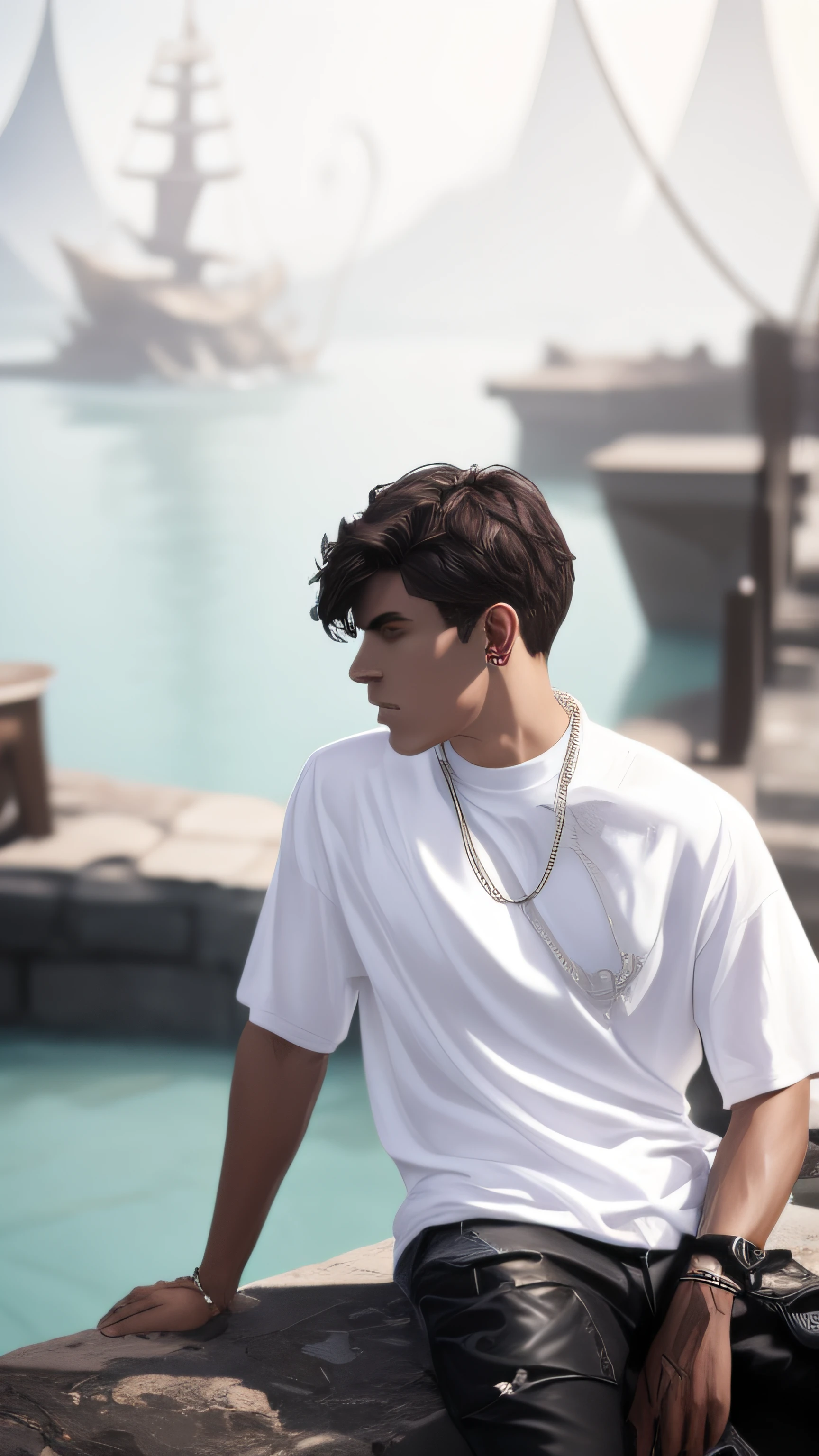 stylish guy, white t-shirt, chain on the neck, arcane league of legends style