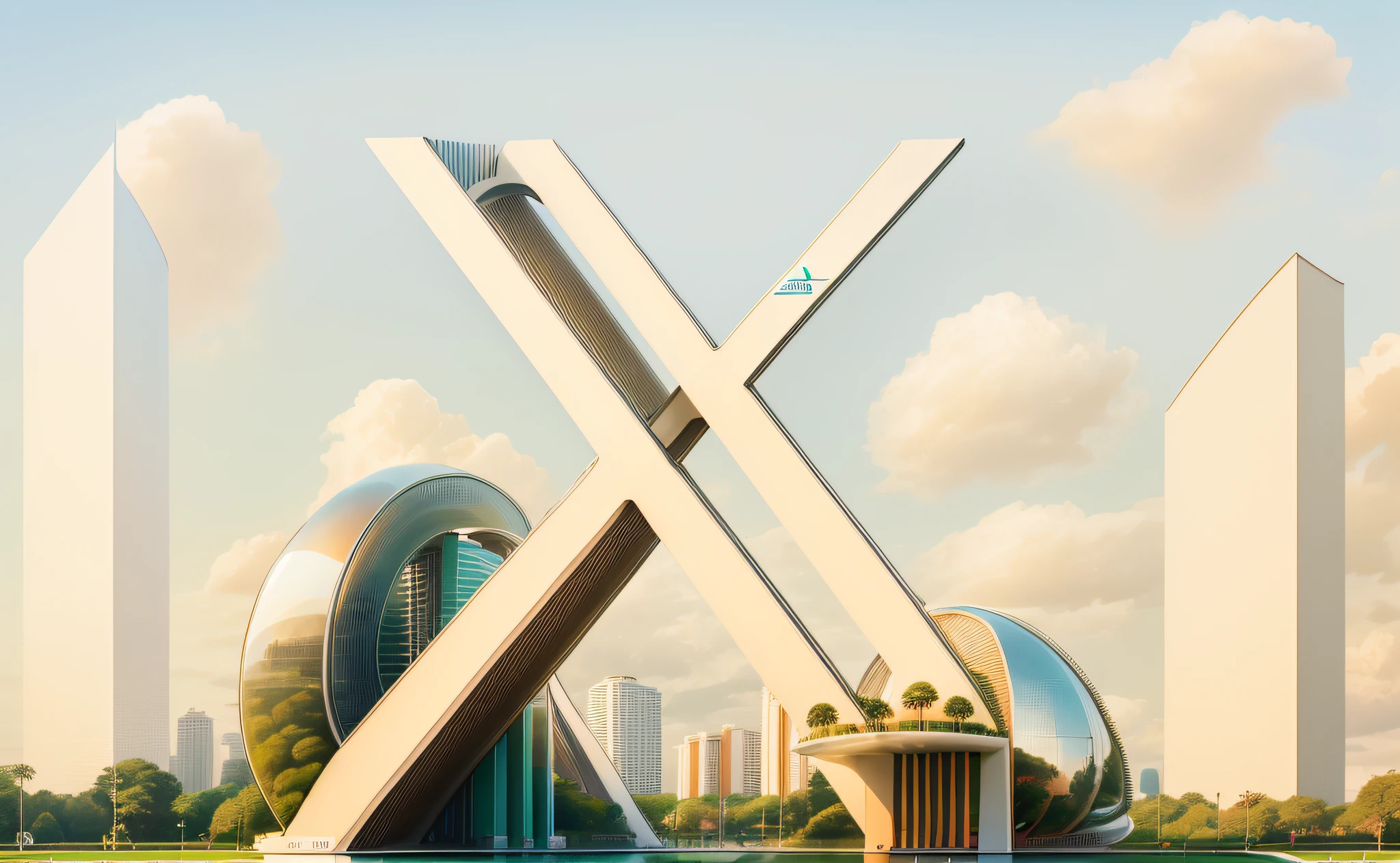 ((logotipo da letra X, Uma escultura monumental em um parque futurista)), inspirado em Frank Gehry, (imagem hiperrealista:1.2), in an ultra-modern setting of a city.