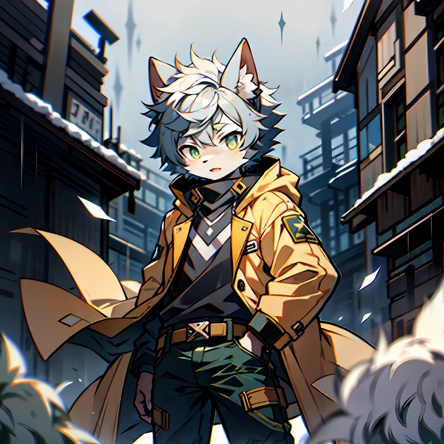 catss，Gray hair and green pupils，Yellow and white coat color，Libido boy，Combat attire，shorter pants, Wind element，shaggy，Bullets rained down，Combat posture，Future wars，karo