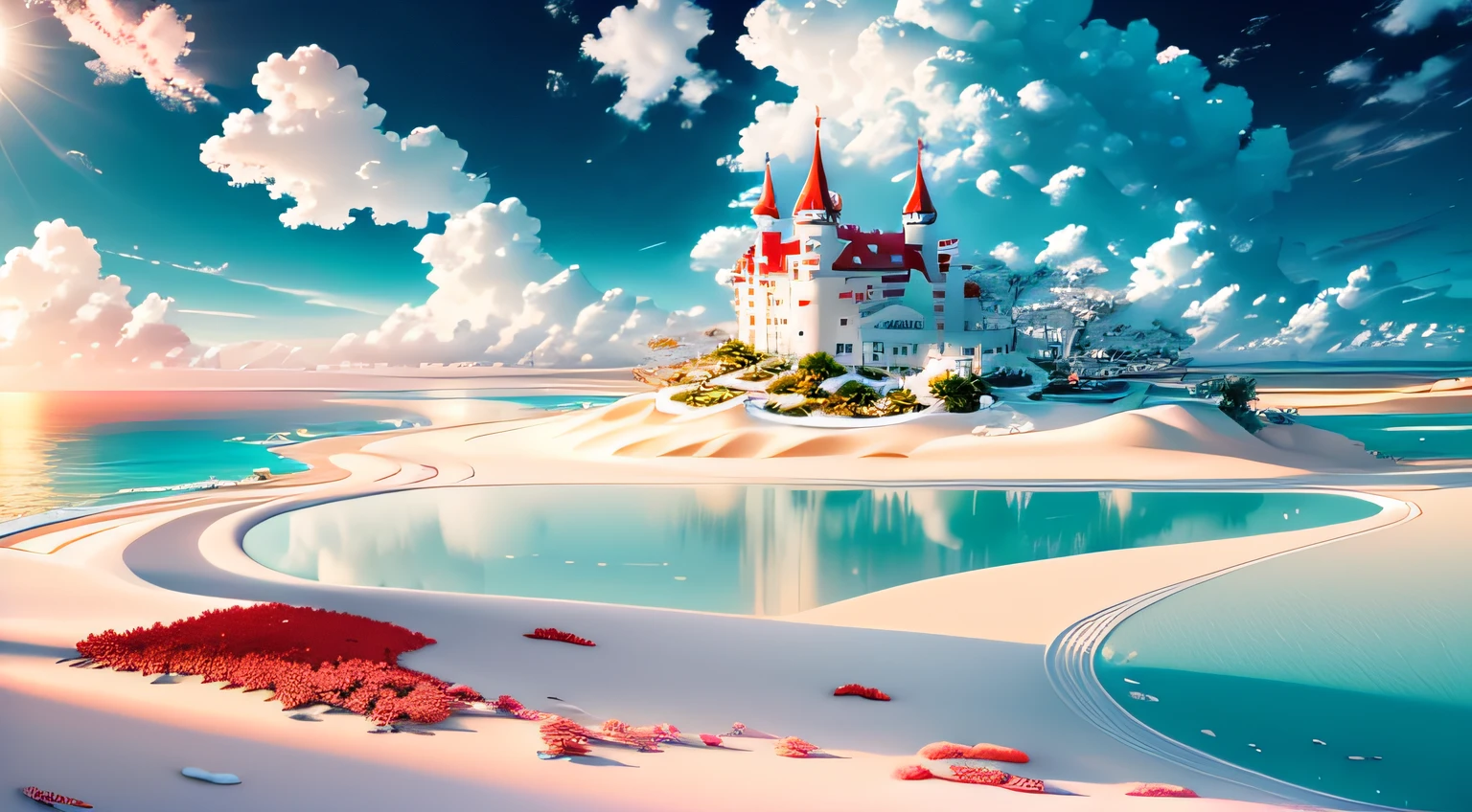 Exquisite scenes,depth of fields,8K,The ivory sky,White clouds,The sun shines on the snow-white sand。The coral sea,Red rose,rough sea,Islands in the sea,Island castle,Garden of Dreams