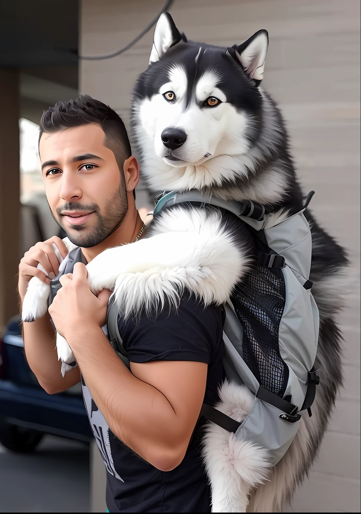Arafed man carrying a husky dog in a backpack, com uma mochila, with his hyperactive little dog, um homem usando uma mochila, montando um lobo prateado gigante, Husky em armadura brilhante, husky, o homem tem uma mochila, mochila, Directed by: Emma Andijewska, extremely realistic, pet animal, husky dog, foto altamente realista, totalmente funcional