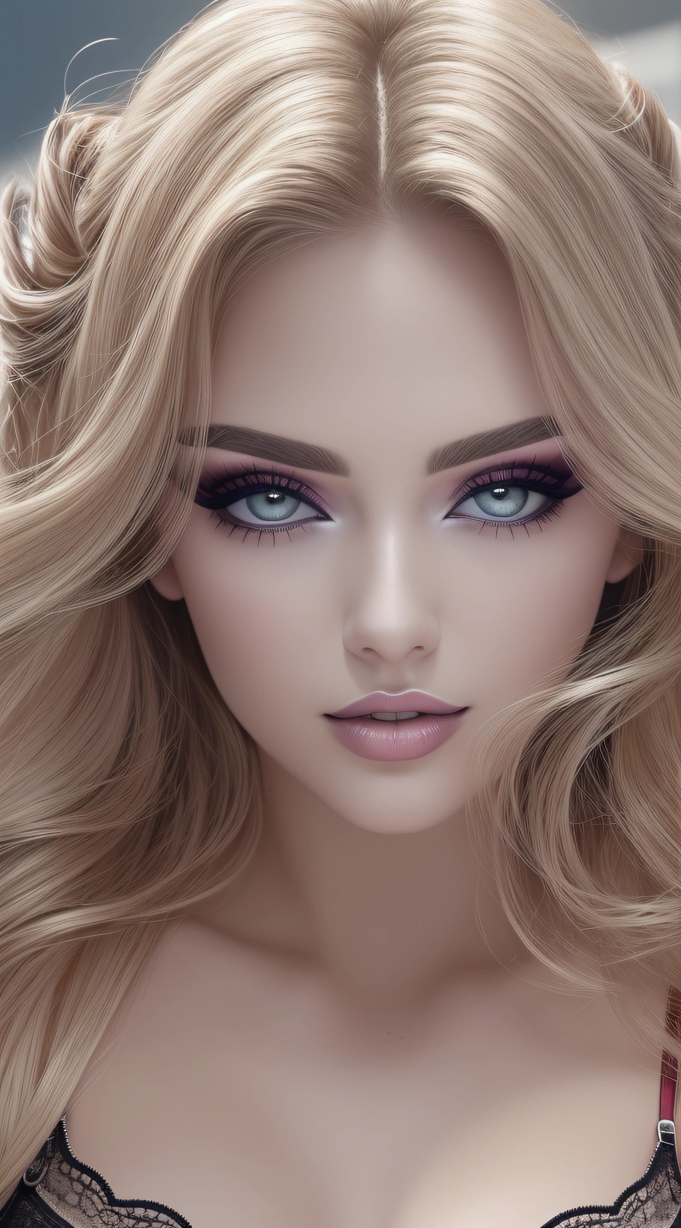 (Masterpierce), melhor qualidade, high resolution, (mulher necromante), (pale skin + olheiras sob os olhos), (longos cabelos brancos:1.2), olhos azuis, pele detalhada, (smoky makeup:1.2), (lingerie branca elegante), carro modelo ferrari