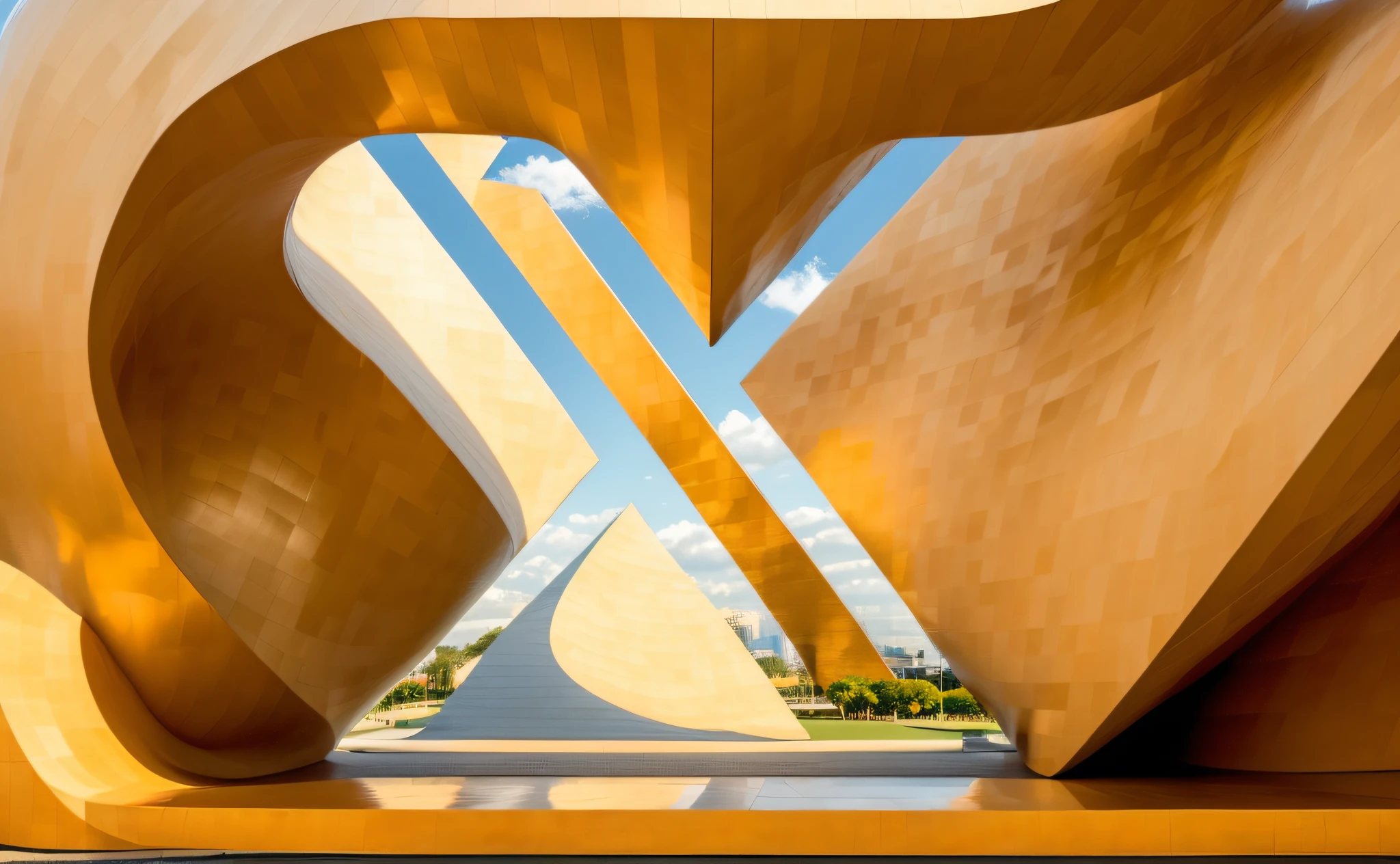 ((logotipo da letra X, Uma escultura monumental em um parque central de uma cidade futurista)), inspirado em Frank Gehry, (imagem hiperrealista:1.2), in an ultra-modern setting of a city.