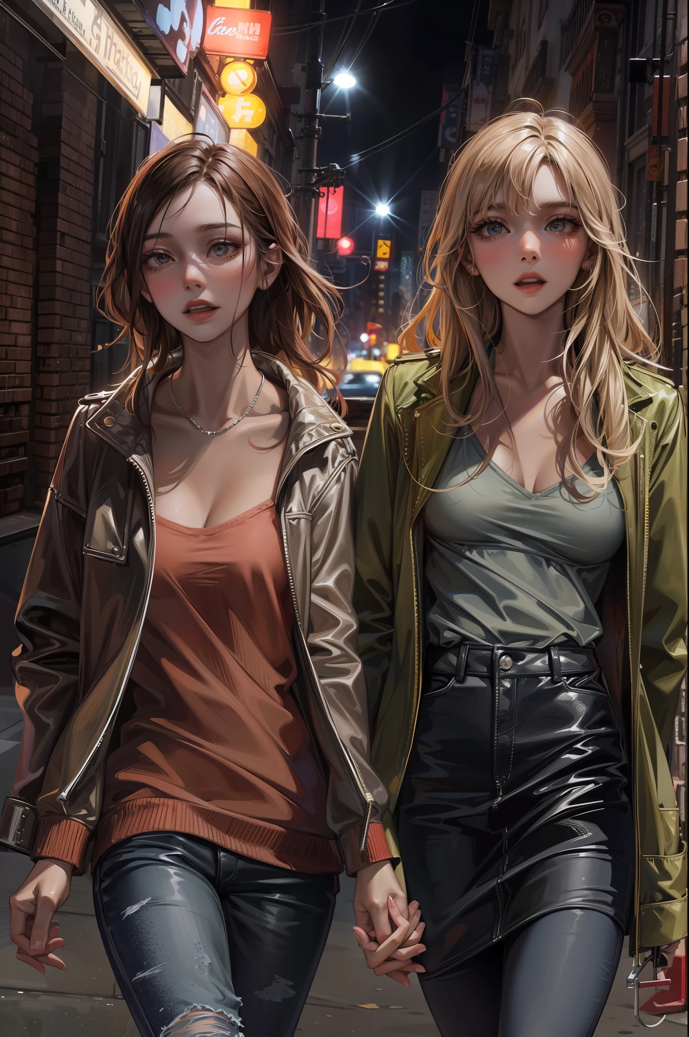 A medium shot of a beautiful young woman and her sister even more impressive. The two are together holding hands strolling down a New York street on a Saturday night on their way to party areas...................