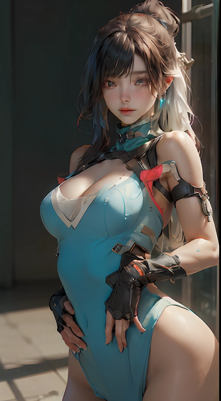 ((best qualtiy)), ((tmasterpiece)), (the detail:1.4), 3D, A beautiful cyberpunk female image,HDR(HighDynamicRange),Ray traching,NVIDIA RTX,Super-Resolution,Unreal 5,Subsurface scattering、PBR Texture、post-proces、Anisotropy Filtering、depth of fields、maximum definition and sharpness、Many-Layer Textures、Albedo e mapas Speculares、Surface Coloring、Accurate simulation of light-material interactions、perfectly proportions、Octane Render、Two-colored light、largeaperture、Low ISO、White balance、the rule of thirds、8K RAW、finely quality eyes,Fine face,Fine eye quality,(delight,Be red in the face),gigantic cleavage breasts,Raised ,Get wet all over your body,Pose with your hips facing you,cleavage