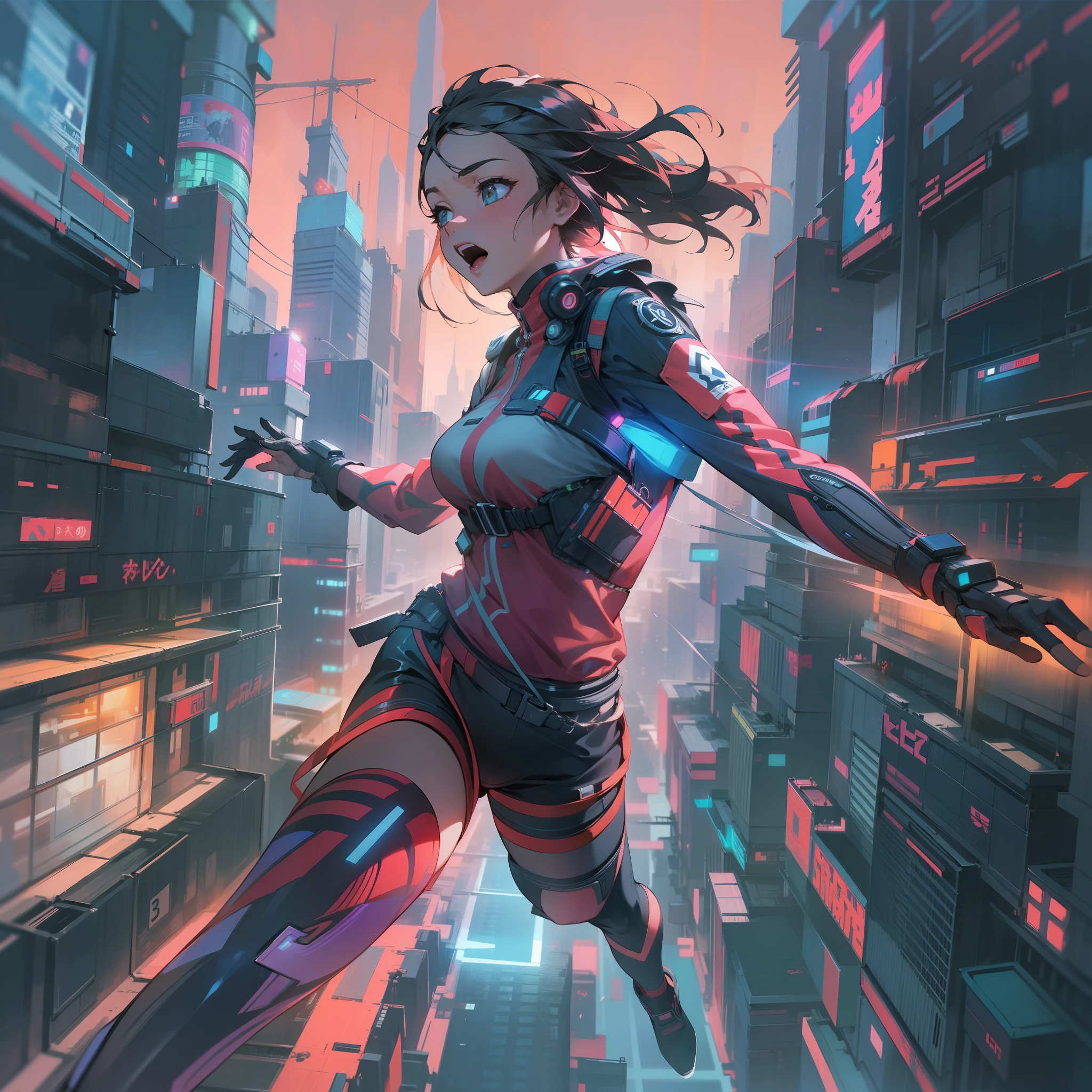 8K、Illustration of a futuristic city skyrunner drawn in ultra-high definition detail。She wears high-tech running gear.、A skyrunner who jumps over skyscrapers in a futuristic city。It features her aggressive poses and sense of speed。
The background is the skyscrapers of a futuristic city、It depicts a glowing neon street。She rushes through skyscrapers in the blink of an eye.、Set against the backdrop of a vibrant landscape of a futuristic city。
The pose is a dynamic running pose、The arms are crossed forward to create a sense of speed.。Her determined expression and physical strength express her passion as a Skyrunner。
The costume is based on high-tech running gear.、You can feel the technology and stylishness of the futuristic city。Her sense of speed and energy is depicted。
The color is the glowing neon of the futuristic city that shines throughout the illustration、Highlighting her vibrancy and passion as a skyrunner。
The effect depicts a sense of speed and energy、The power of her skyrunning is expressed。pure、The liveliness of the neon streets of the futuristic city and her aggressive figure color the entire illustration。
Background effect depicts a futuristic city scene、Her skyrunning bravile posture is highlighted。Her dynamic running poses and the glowing landscape of a futuristic city depict the appearance of a futuristic city skyrunner。