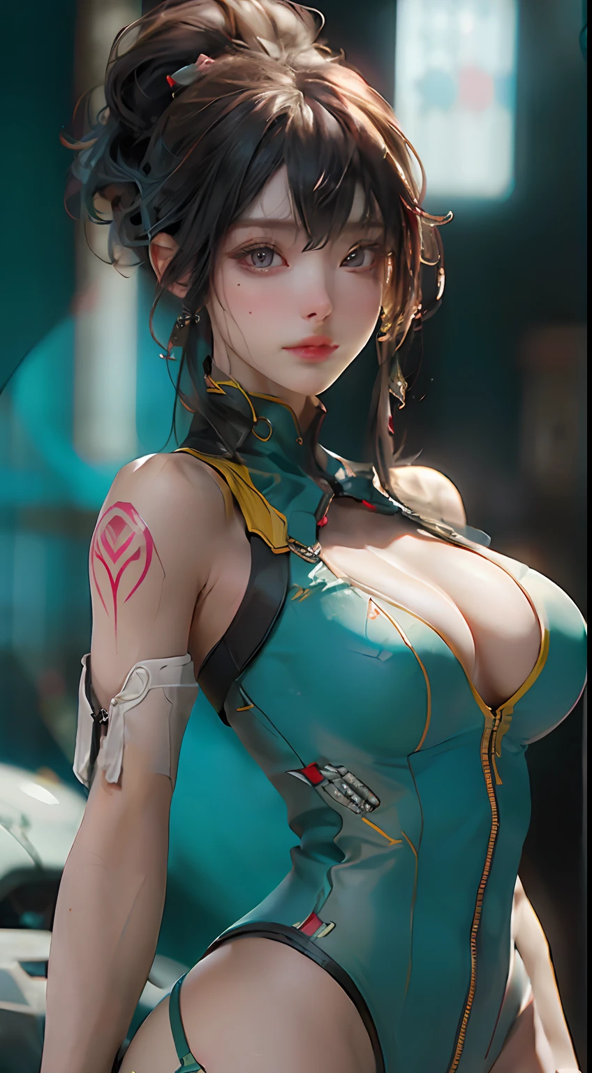 ((best qualtiy)), ((tmasterpiece)), (the detail:1.4), 3D, A beautiful cyberpunk female image,HDR（HighDynamicRange）,Ray traching,NVIDIA RTX,Super-Resolution,Unreal 5,Subsurface scattering、PBR Texture、post-proces、Anisotropy Filtering、depth of fields、maximum definition and sharpness、Many-Layer Textures、Albedo e mapas Speculares、Surface Coloring、Accurate simulation of light-material interactions、perfectly proportions、Octane Render、Two-colored light、largeaperture、Low ISO、White balance、the rule of thirds、8K RAW、finely quality eyes，Fine face，Fine eye quality，（delight，Be red in the face），gigantic cleavage breasts，Raised ，Get wet all over your body，Pose with your hips facing you，cleavage