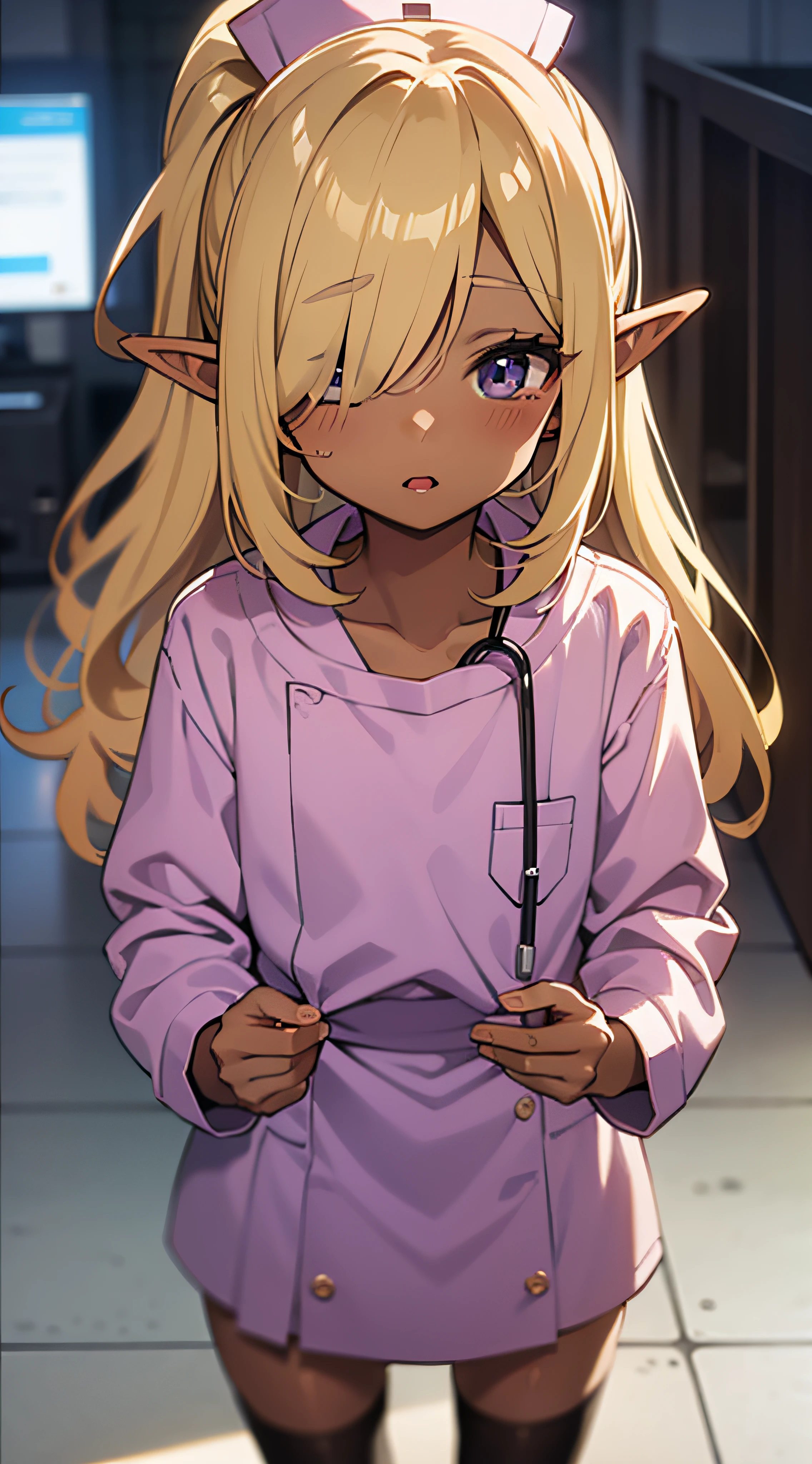 (darkskinned、skin tanned、elvish)、(((Hair over one eye、asymmetrical bangs)))、petite girl in、A girl child、very long bangs、straight haired、very long transverse hair、{Chestnut-like mouth}、a blond、hospitals、flat chest、nurse's outfit、blush、Flat waist、closing eye、anime screen cap、Futomo、Have medical records、Stockings、Big Ponytail