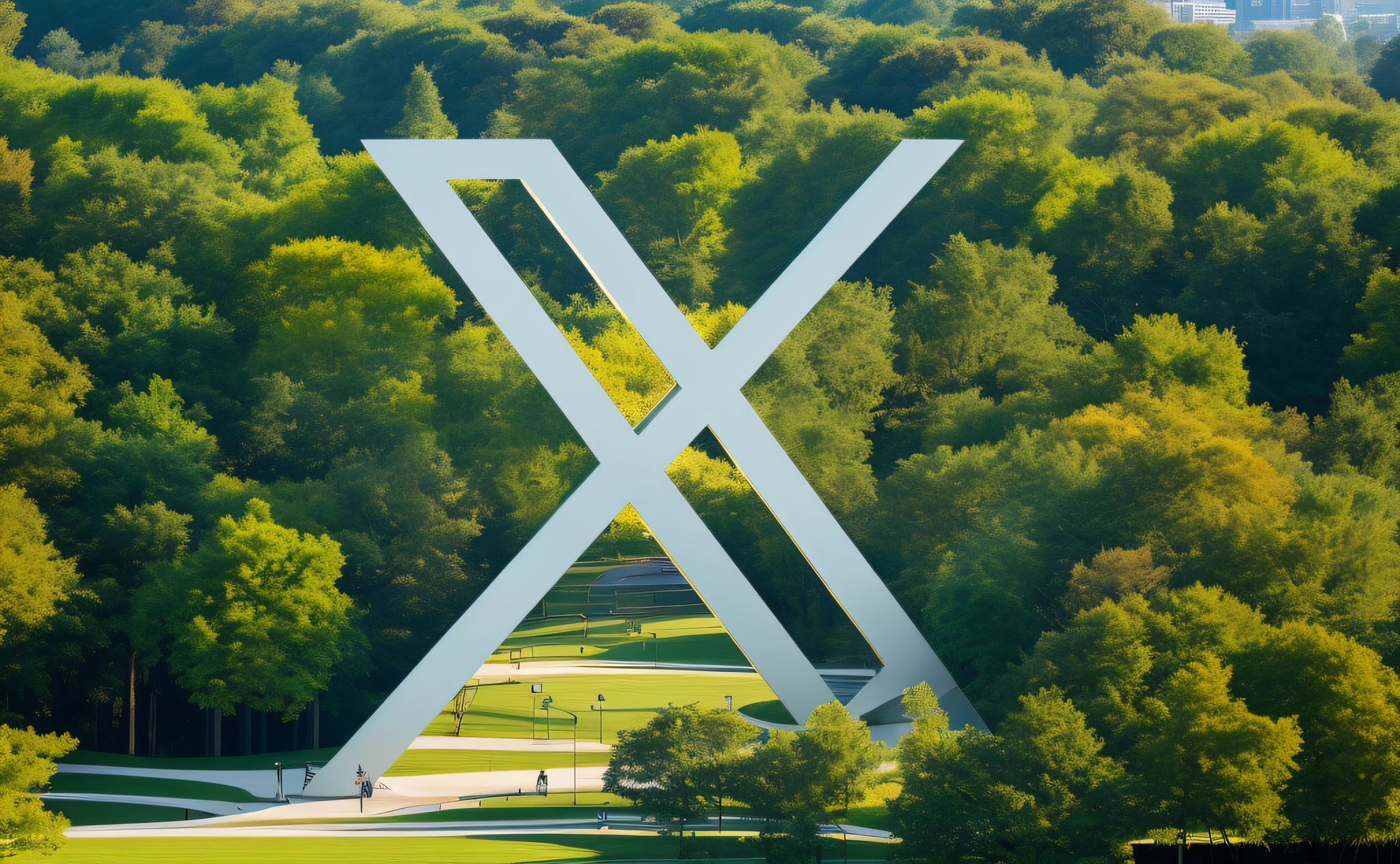 ((logotipo da letra X, A monumental architectural sculpture in a modern park)), inspirado em Frank Gehry, (imagem hiperrealista:1.2), in an ultra-modern setting of a city.