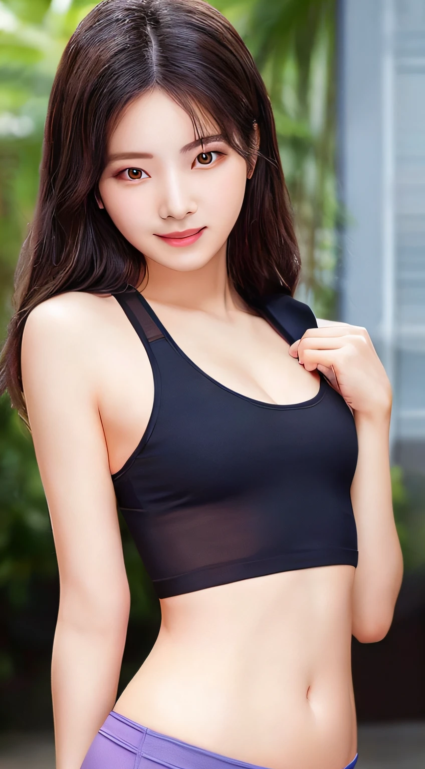 ((​masterpiece、top-quality))、dark eye-shadow makeup around her eyes、Dark mascara、thicc body、Wide waist、top-quality、超A high resolution、model shoot tyle、(the Extremely Detailed CG Unity 8K Wallpapers)、full-shot body photo of the most beautiful artwork in the world、looking at the viewers、20yr old、Slender system、Sportsbra、Yoga Leggings、Colorful clothing、Charming smile、kawaii、Realistic lighting、small tits、tiny chest、flat breast、T back、Toned buttocks、（Butt cheeks、buttocks focus）、skinny  body、Delicate body、Panties that bite into,Realistic glowing skin、Slim waist、Captivating、A smile、Sticking out the buttocks、perfectly proportions、Standing on all fours looking back at the camera、Bowing your back and spreading your buttocks、The crotch manstle is visible、showing butt without pubic hair、Intricate details to take photos from behind、hightquality、super realistic 8K 、flawless、​masterpiece、 Professional artwork、famousartwork、face perfect、Beautiful expression、beautidful eyes、1girl in、Kpop Idol