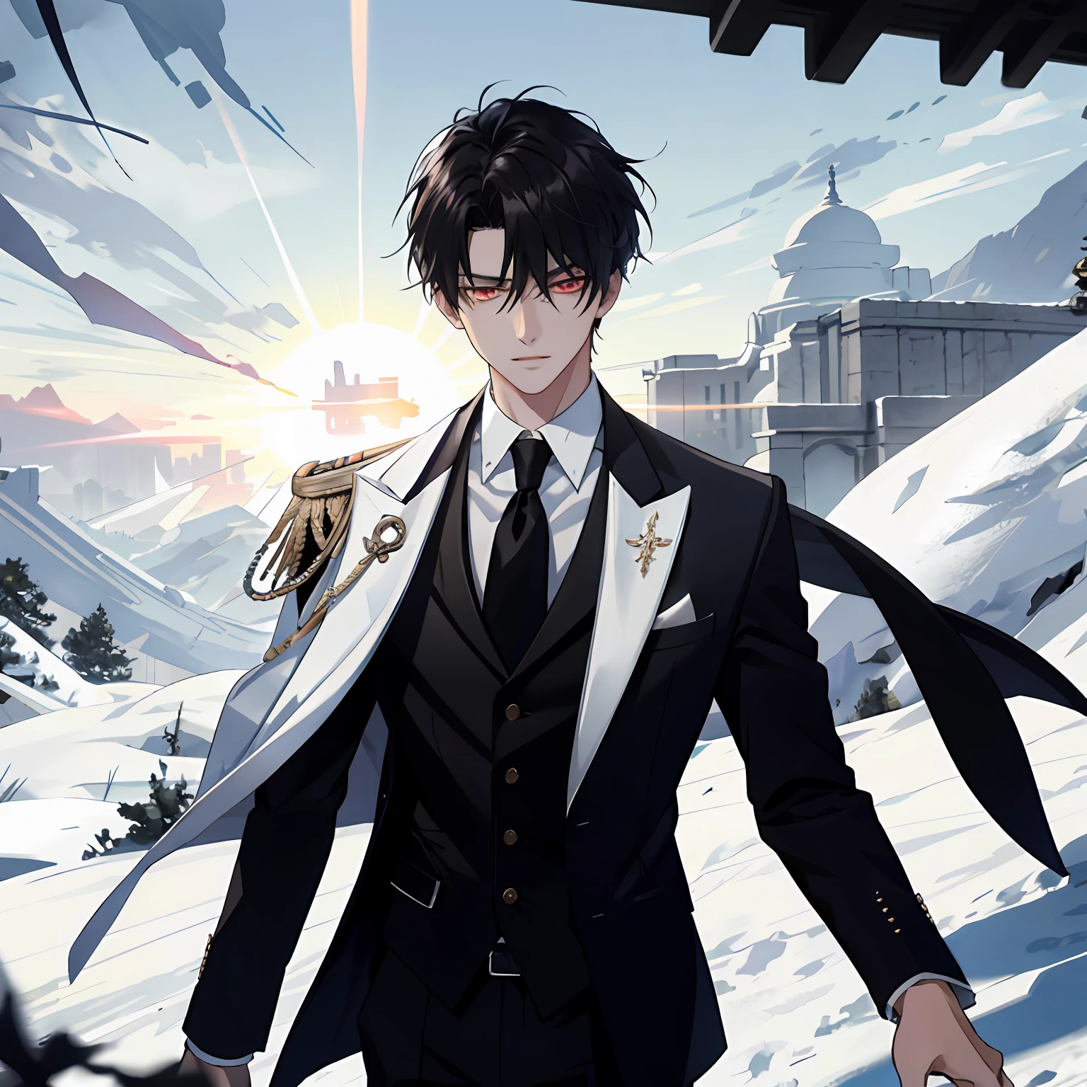 tmasterpiece，best qualtiy，1boys，Handsome，with short black hair，Red pupils，White gold tunic，Business suit ，Best light and shadow，eventide，Details sunshine，Open-mouthed，magia，streamer，（full bodyesbian），Dark skies，nigth ，火焰，salama，Ice and snow ，Extremely detailed CG unified 8K wallpaper，Complicated details，