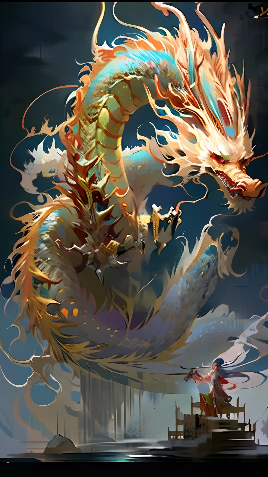 Official Art, 统一 8k 壁纸, ultra-detailliert, Beautifully Aesthetic, masterpiece, top-quality, (Zentangle, Tangles, entanglement), (Fractal art: 1.4), 1girl, A dark-haired, chinese, bare shoulders, a short skirt, Calf, a navel, ighly detailed, dynamic ungle, cowboy shot, (The most beautiful forms of chaos), A flowing, (bright colour), OC, (half: 1.2), Chinese big breasts, (Tanka Flying Sky: 1.5), (bow ribbon: 1.3), (Dreams: 1.5), (Han Feng: 1.5), Chinese Dragon, Chinese phoenix、(a smile:0.5)、(chinese deity)、nigh sky、a moon、Money Luck Explosion、The energy、bewitching、gold