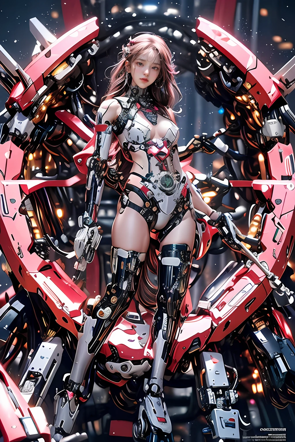 surreal, cinematic effect 8k, hyperdetailed painting, luminism, concept art,fractal isometrics details bioluminescence , 3d render, octane render,intricately detailed,cinematic, trending on artstation Isometric Centered hyperrealistic cover photo awesome full color, gritty, realistic mucha, hit definition,cinematic, ethereal background,full body, (1 mechanical girl:1.5),(transparent surfaces and skins:1.5),(many mechanical gears and electronic components inside the body:1.4),(mechanical vertebra and cervial:1.3),solo,expressionless,(wires and cables from spine to arms:1.4),(mechanical arms of surgical machine around:1.2),(Circuit boards:1.4),(character focus:1.3),science fiction,((mechanical exoskeleton)),Mecha,Karina,mecha,super_mecha